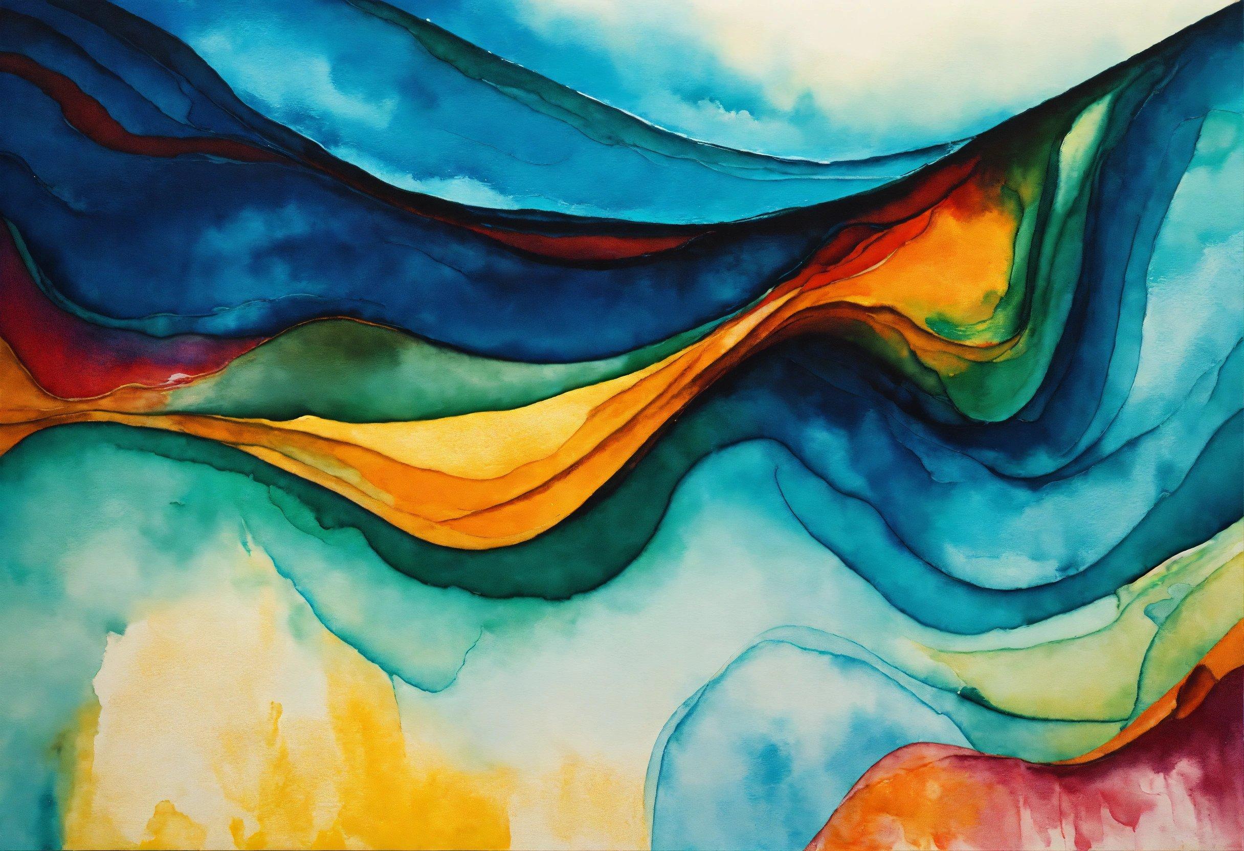 An Abstract Painting Of Blue, Yellow, And Green Waves