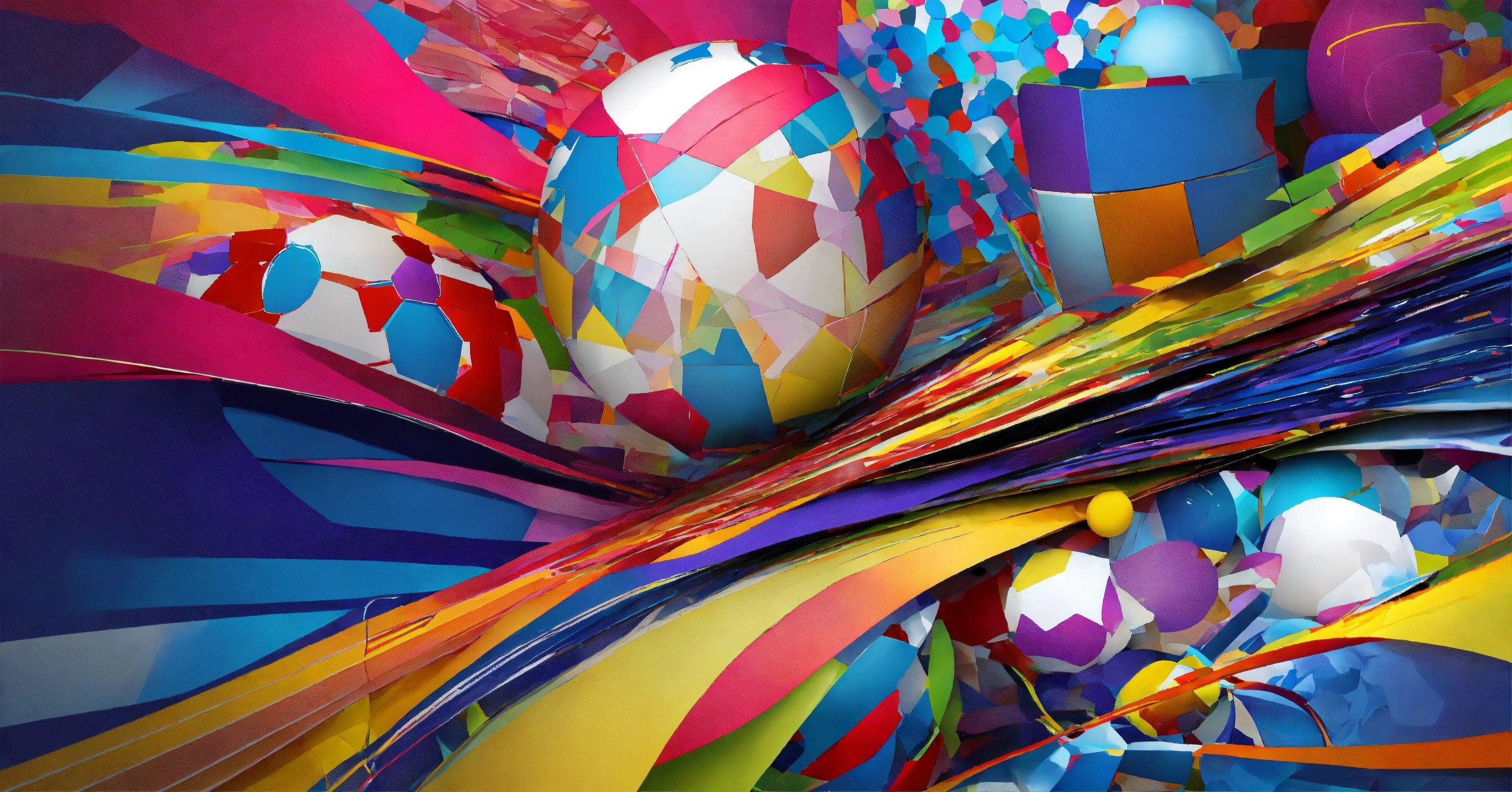 An Abstract Painting Of Colorful Balls And Streamers