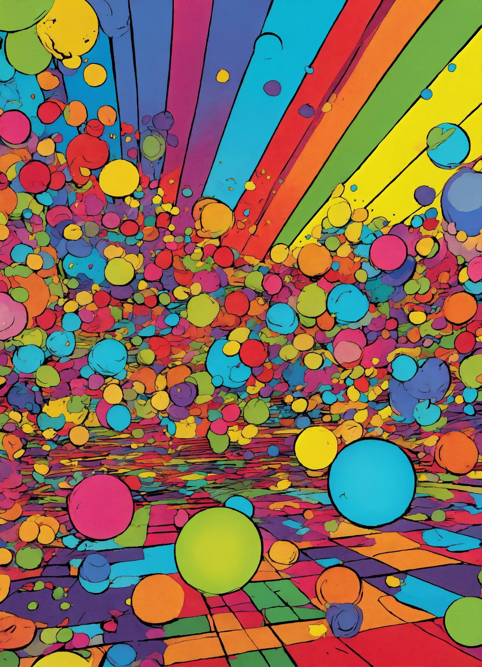 An Abstract Painting Of Colorful Balls Floating In The Air