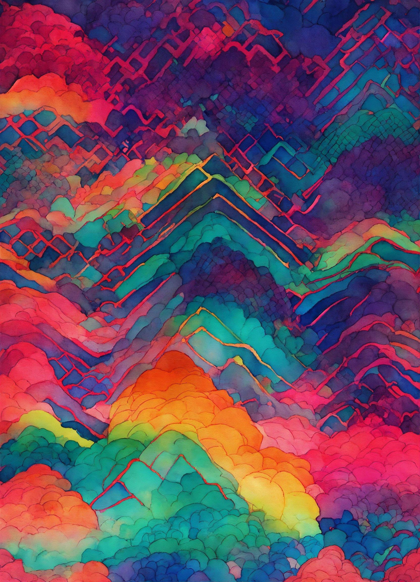 An Abstract Painting Of Colorful Clouds And Mountains