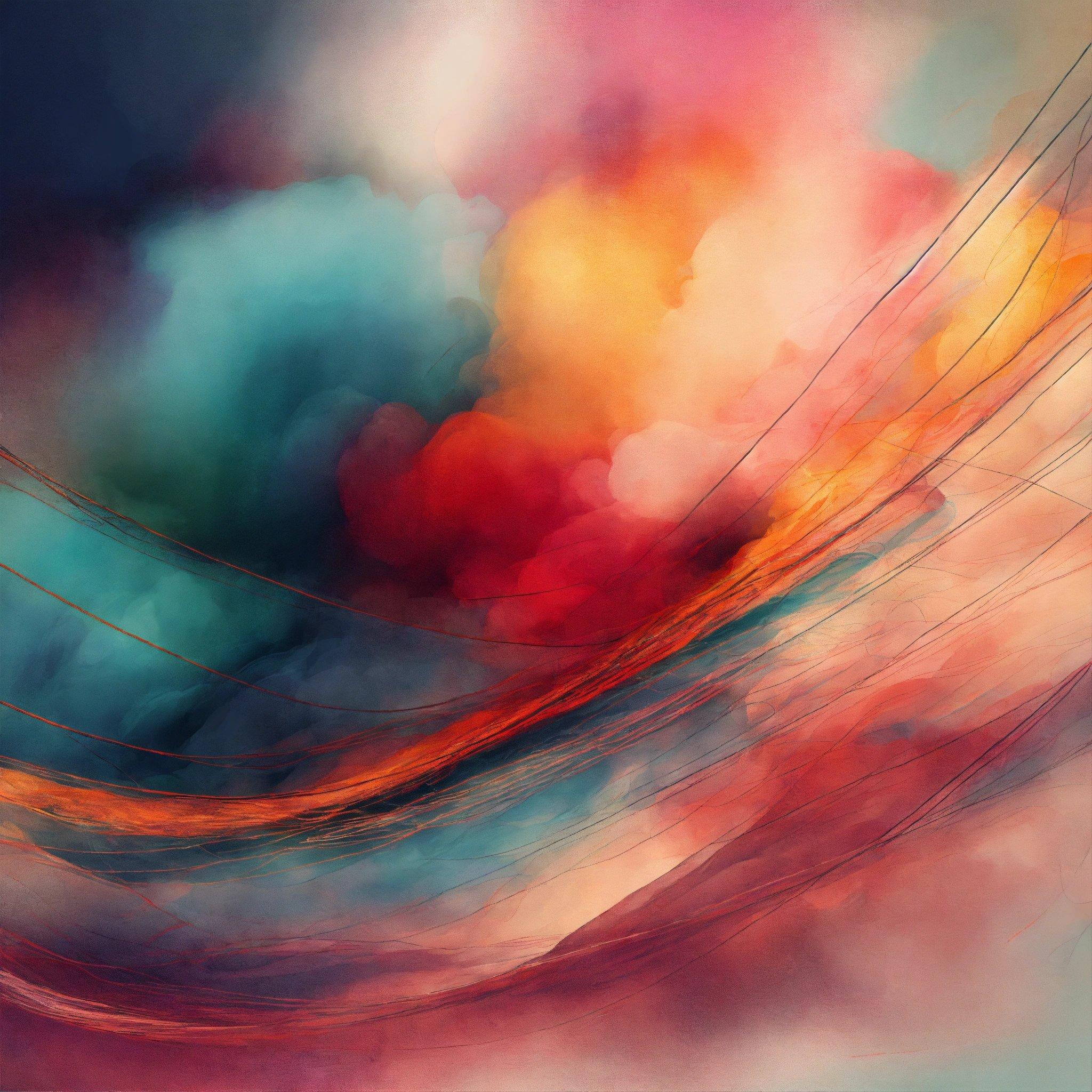 An Abstract Painting Of Colorful Clouds And Wires