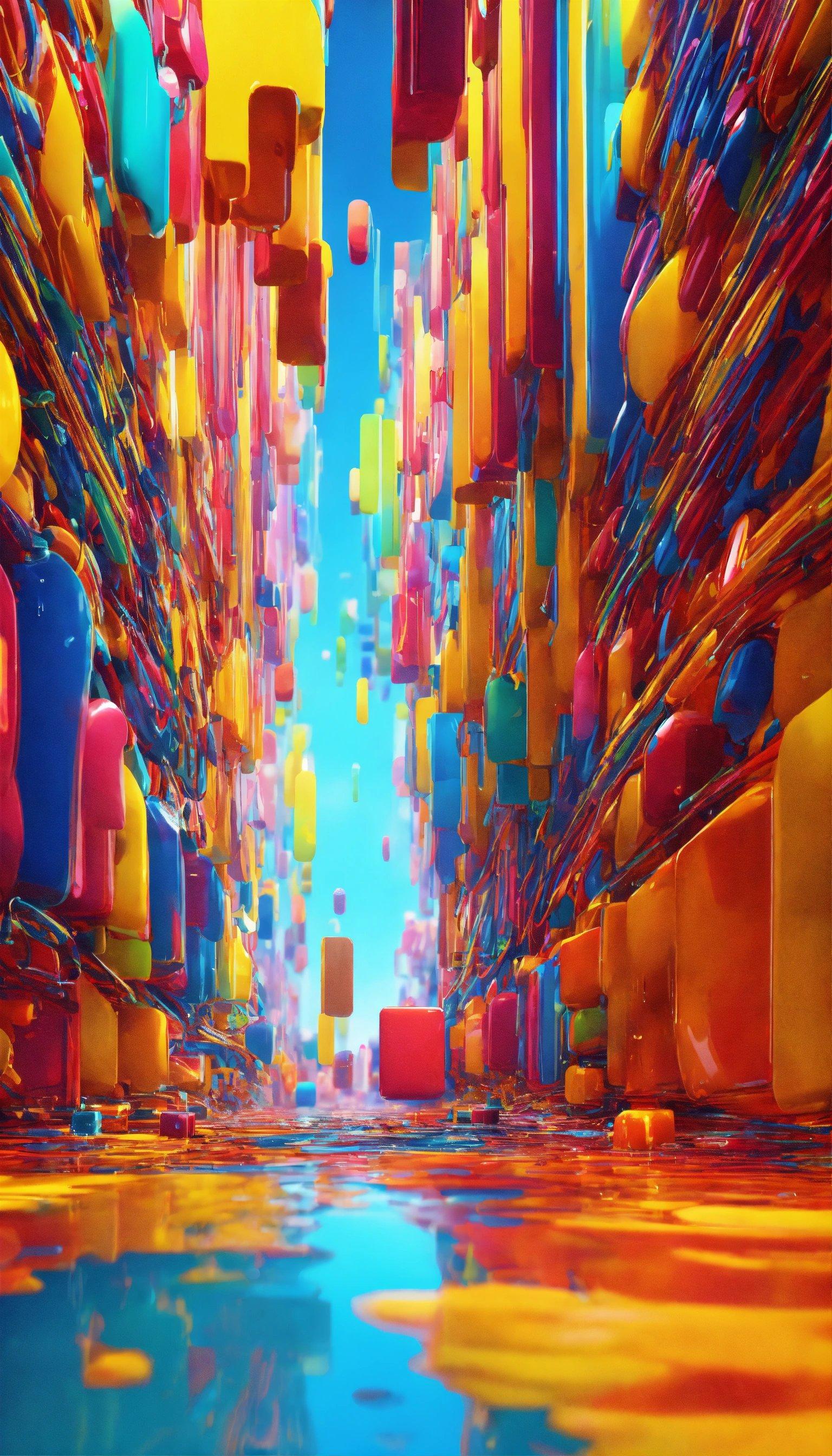 An Abstract Painting Of Colorful Cubes Floating In The Air