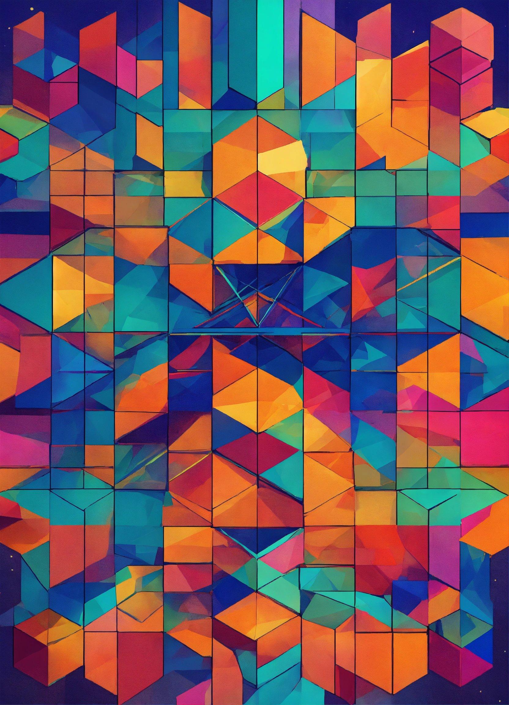 An Abstract Painting Of Colorful Cubes On A Blue Background