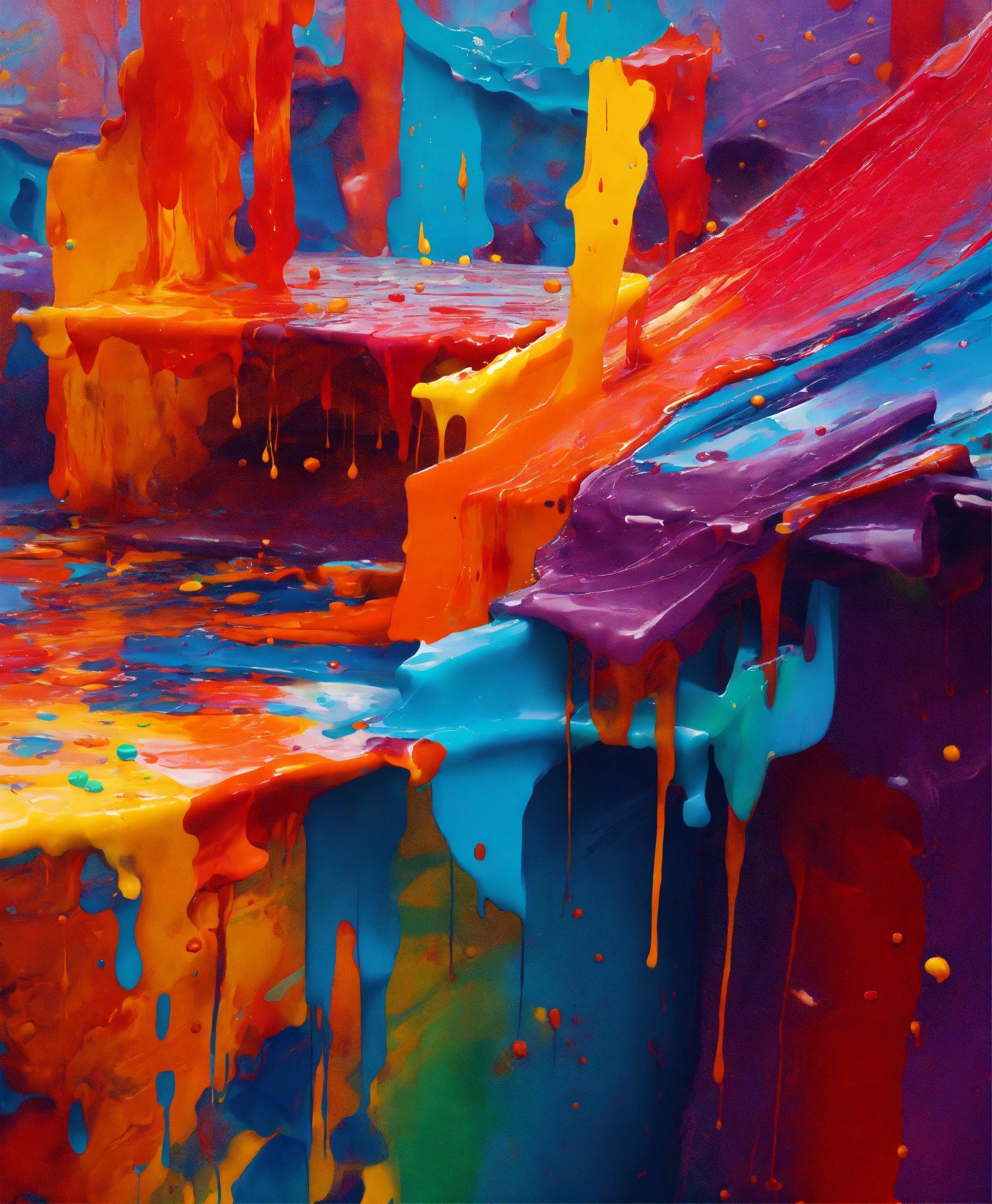 An Abstract Painting Of Colorful Paint On A Bench