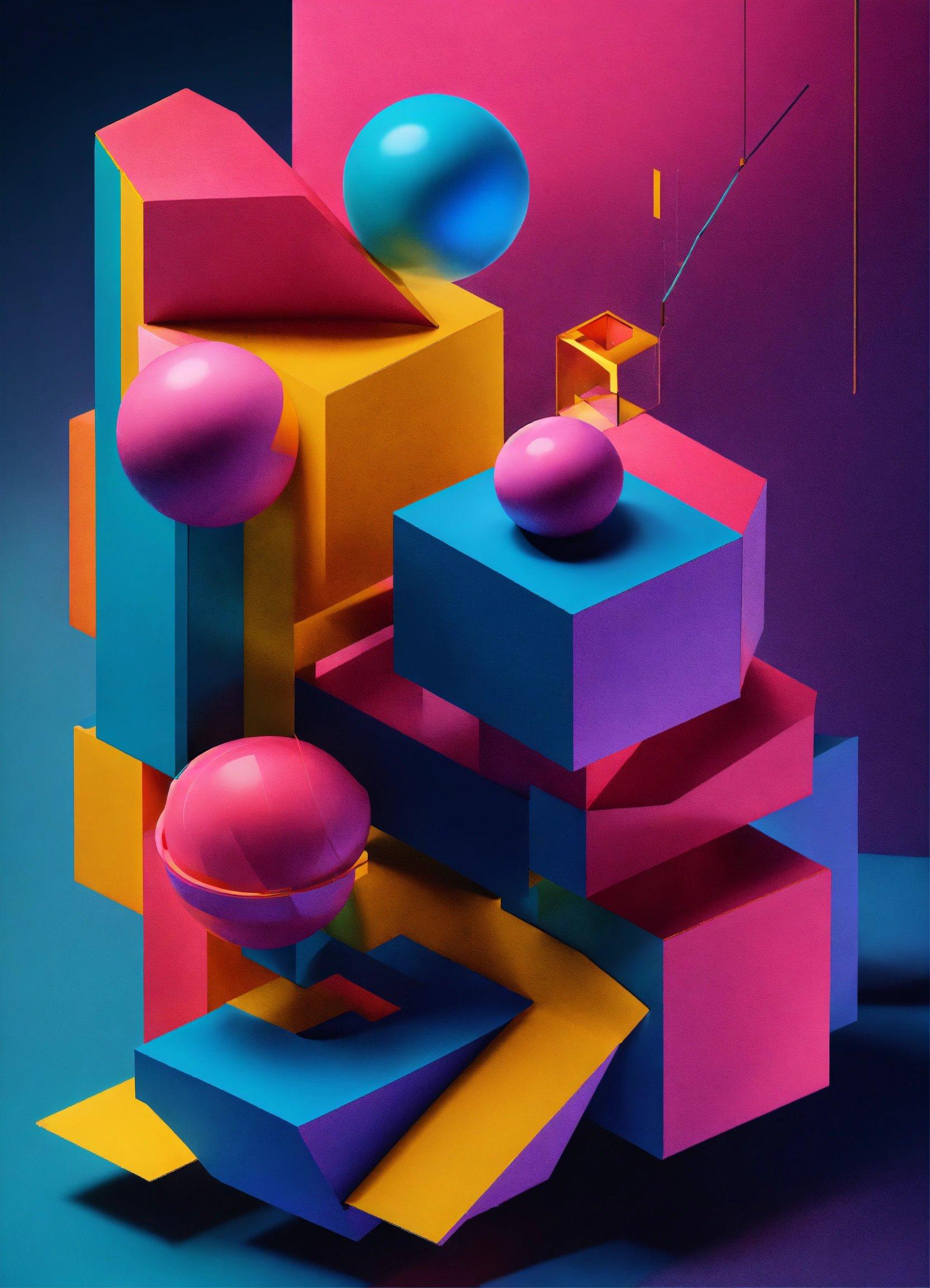 An Abstract Painting Of Colorful Shapes And Balls