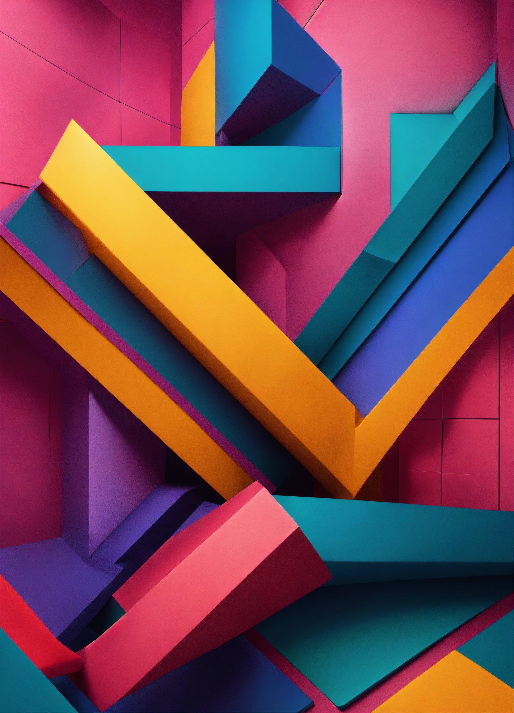 An Abstract Painting Of Colorful Shapes On A Pink Background