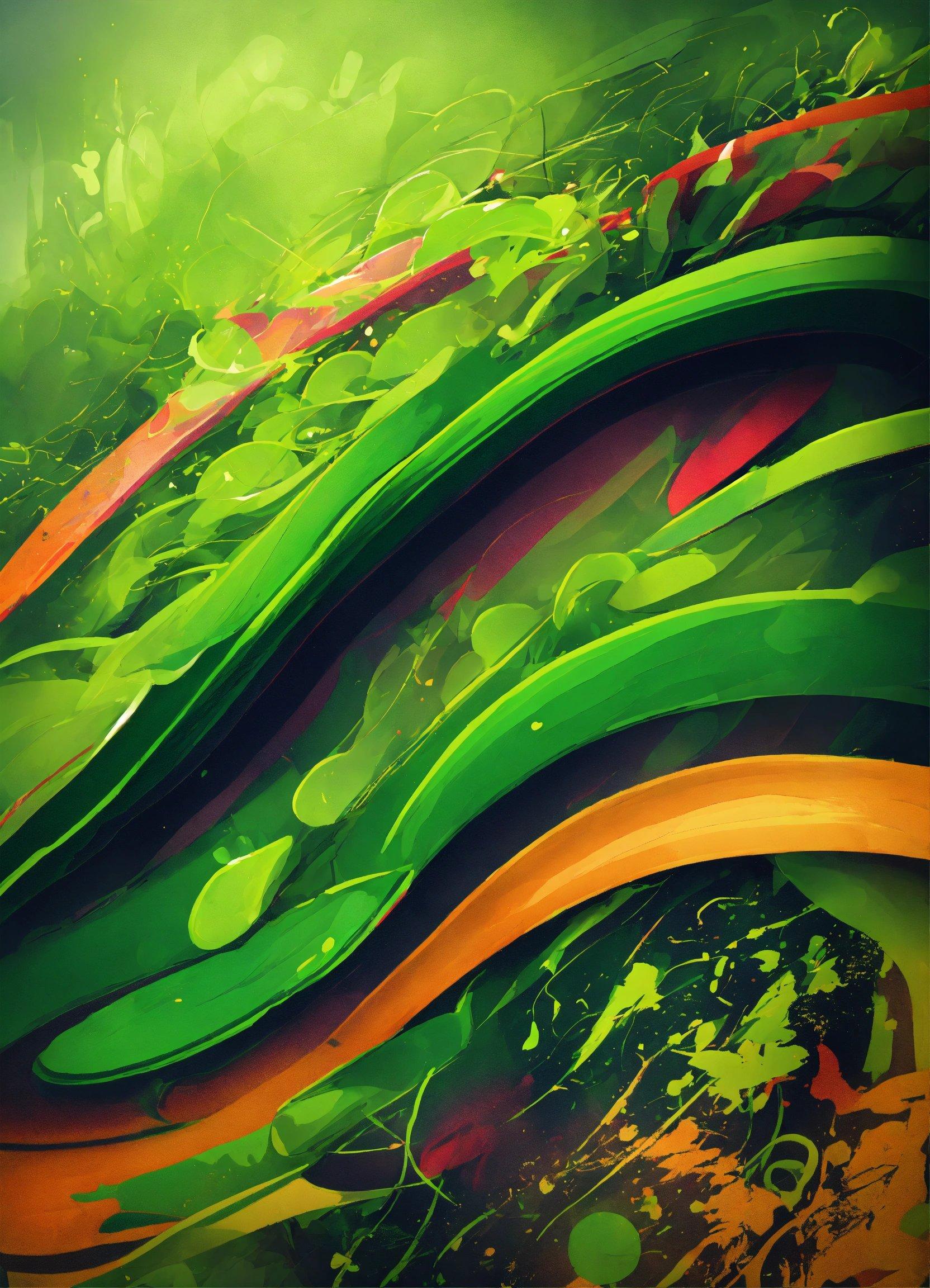 An Abstract Painting Of Green And Orange Lines