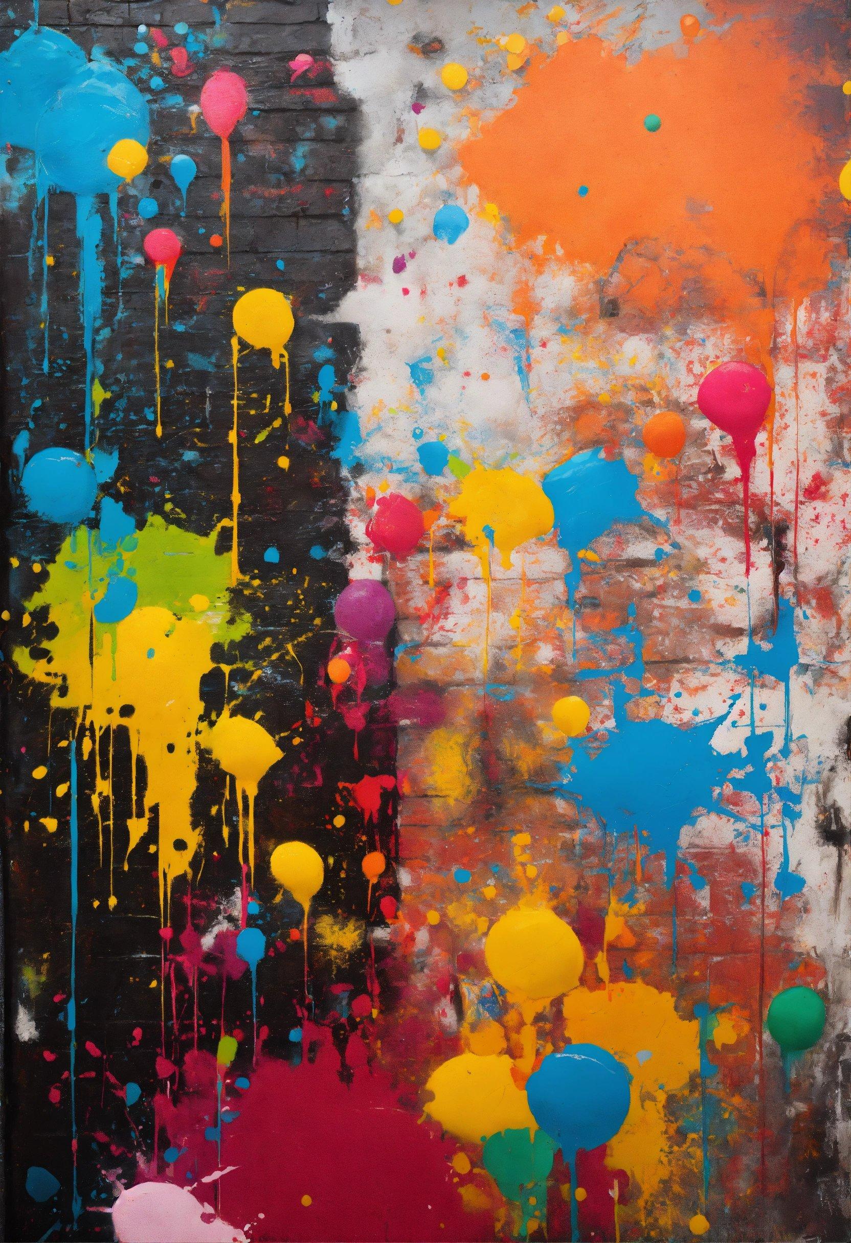 An Abstract Painting Of Multicolored Balloons On A Brick Wall