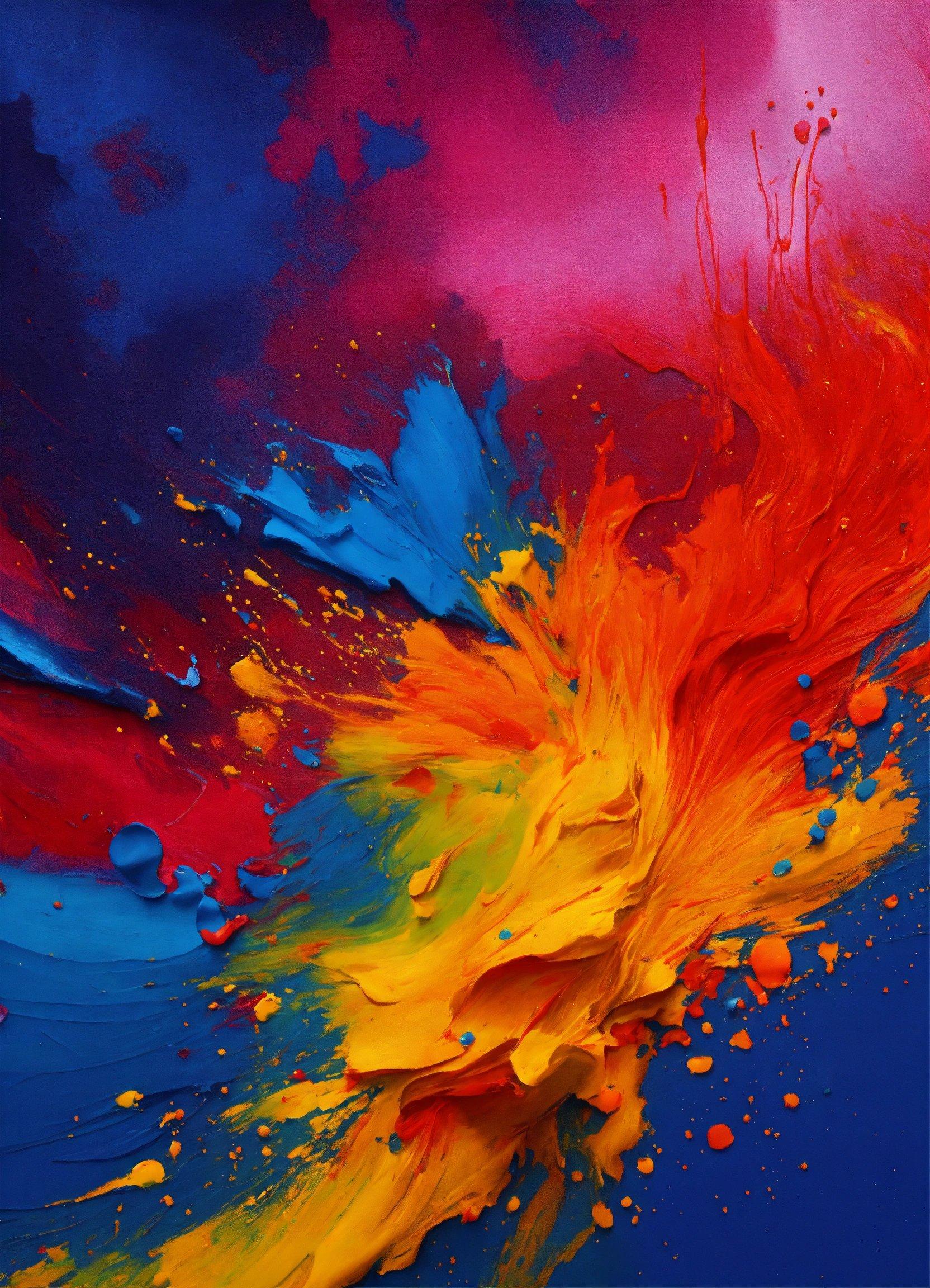 An Abstract Painting Of Multicolored Paint On A Blue Background