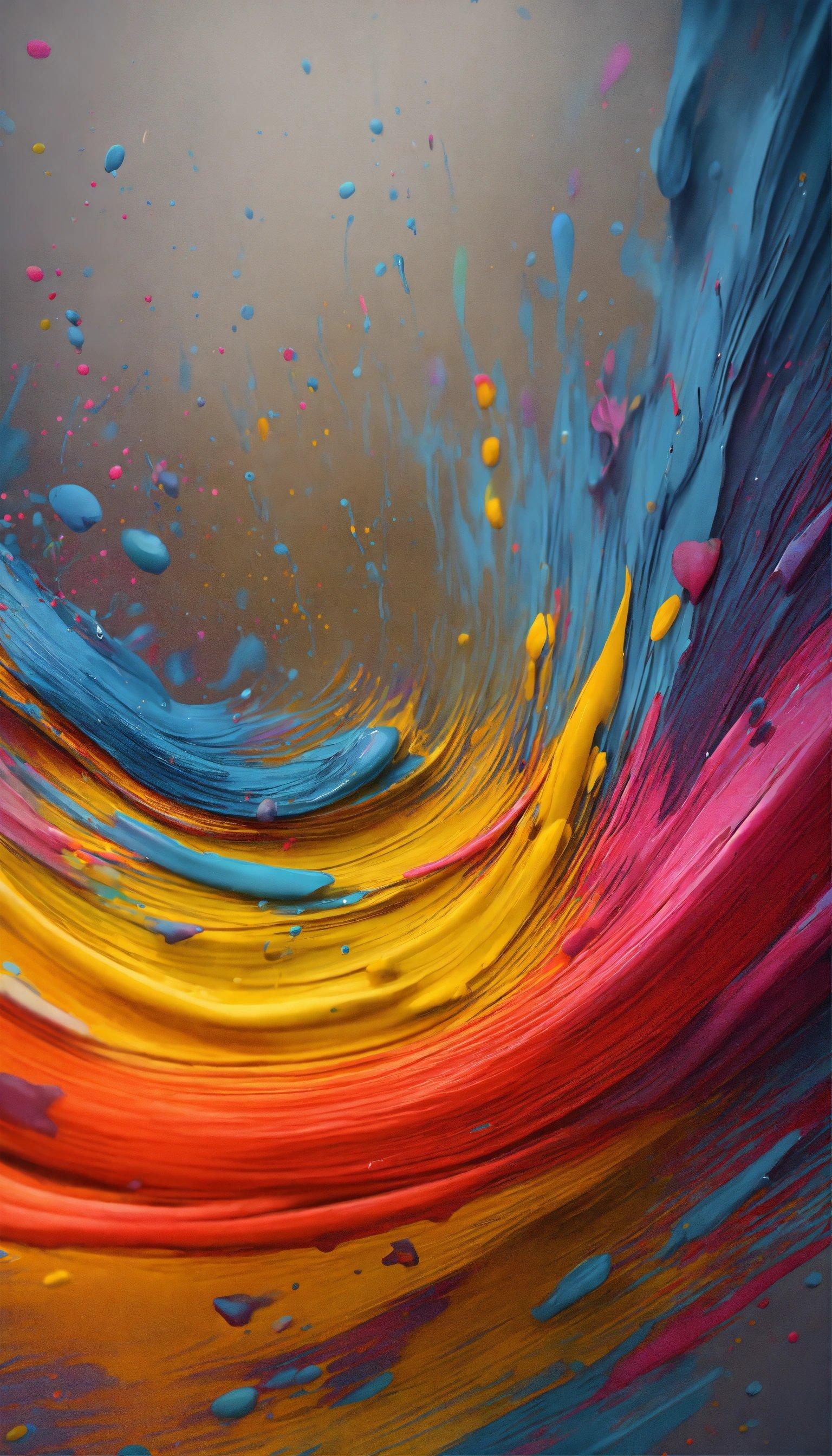 An Abstract Painting Of Multicolored Paint Splattered On A Gray Background