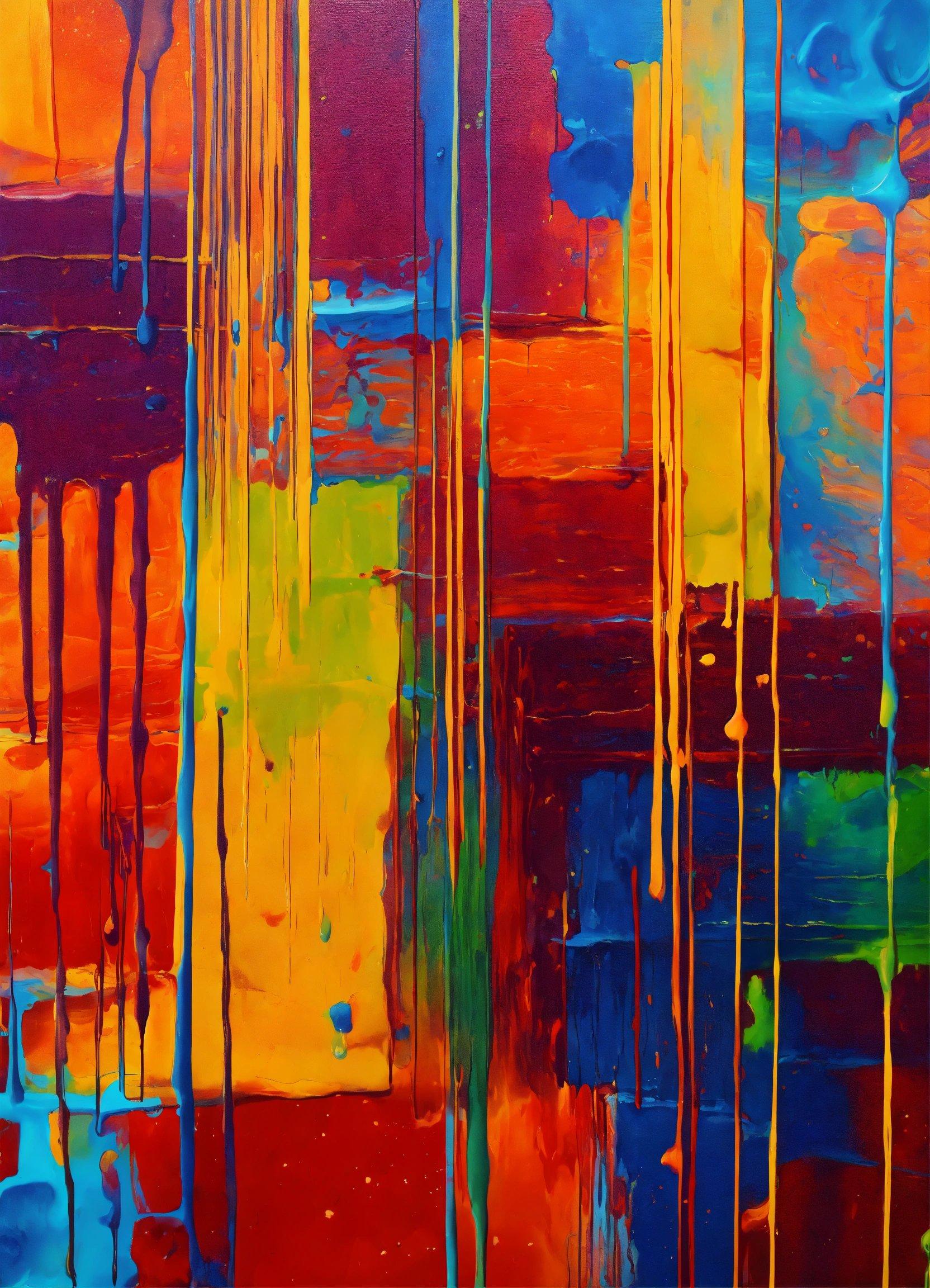 An Abstract Painting Of Multicolored Squares And Drops Of Paint