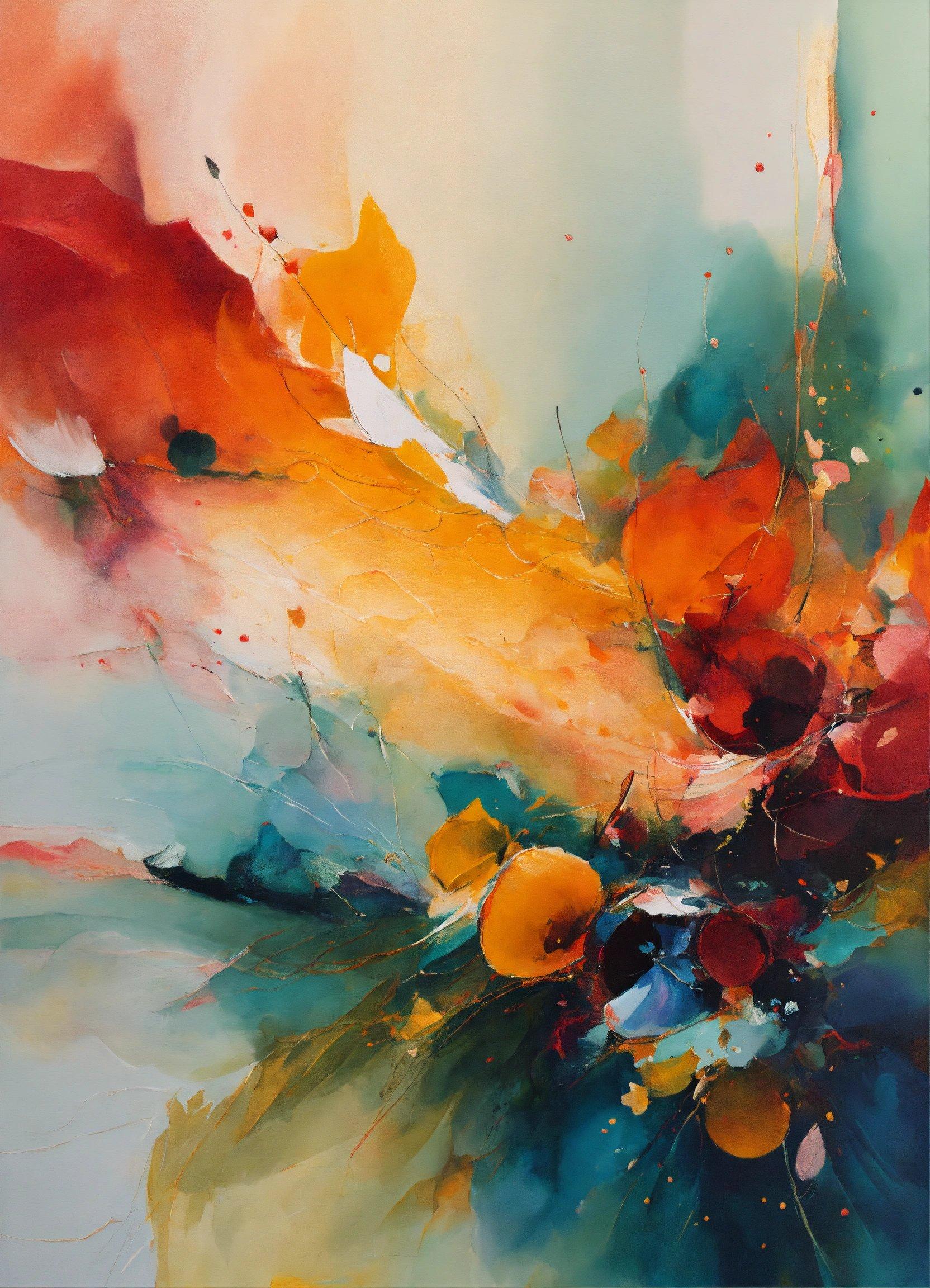 An Abstract Painting Of Orange And Blue Flowers