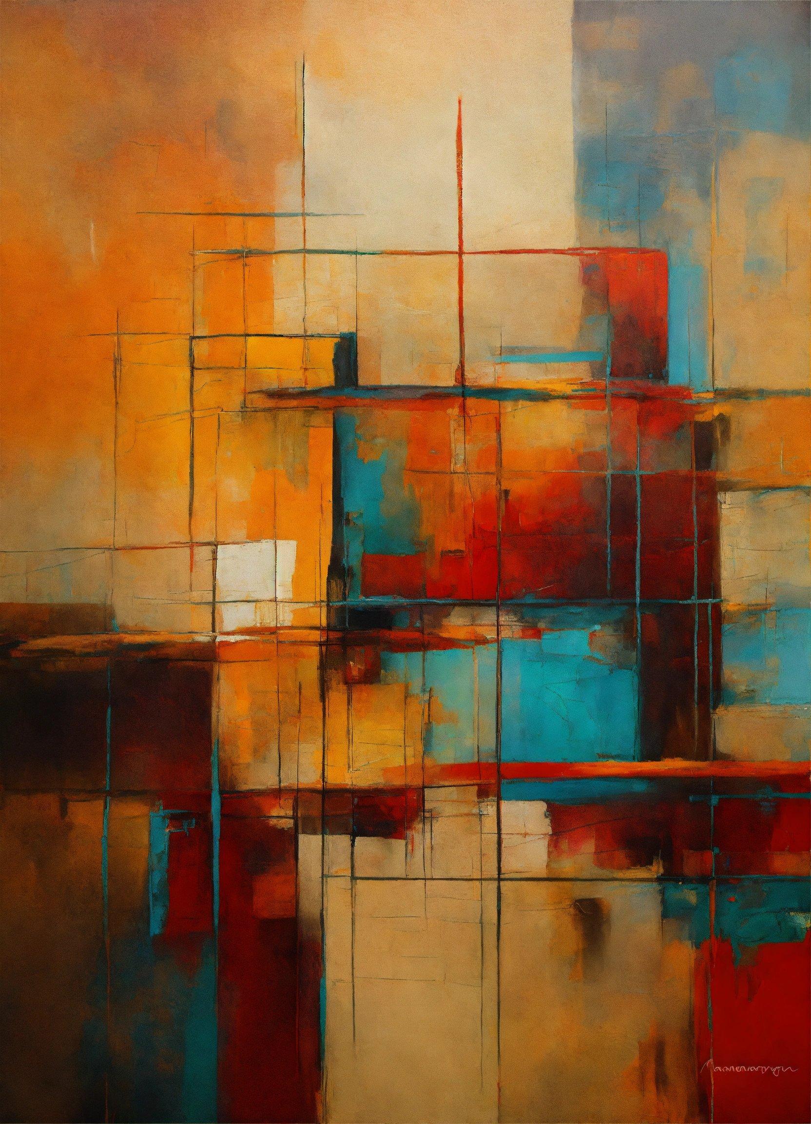 An Abstract Painting Of Orange And Blue Squares