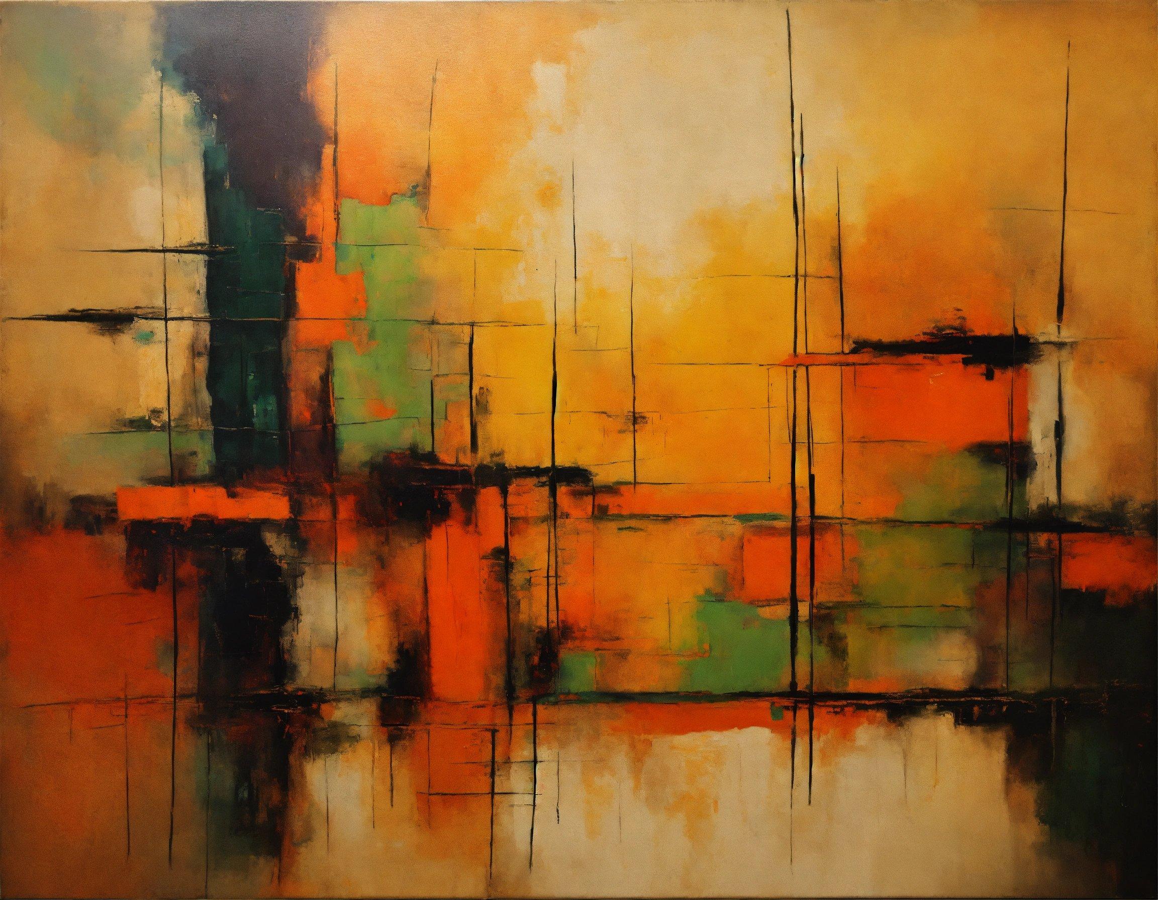 An Abstract Painting Of Orange And Green Squares