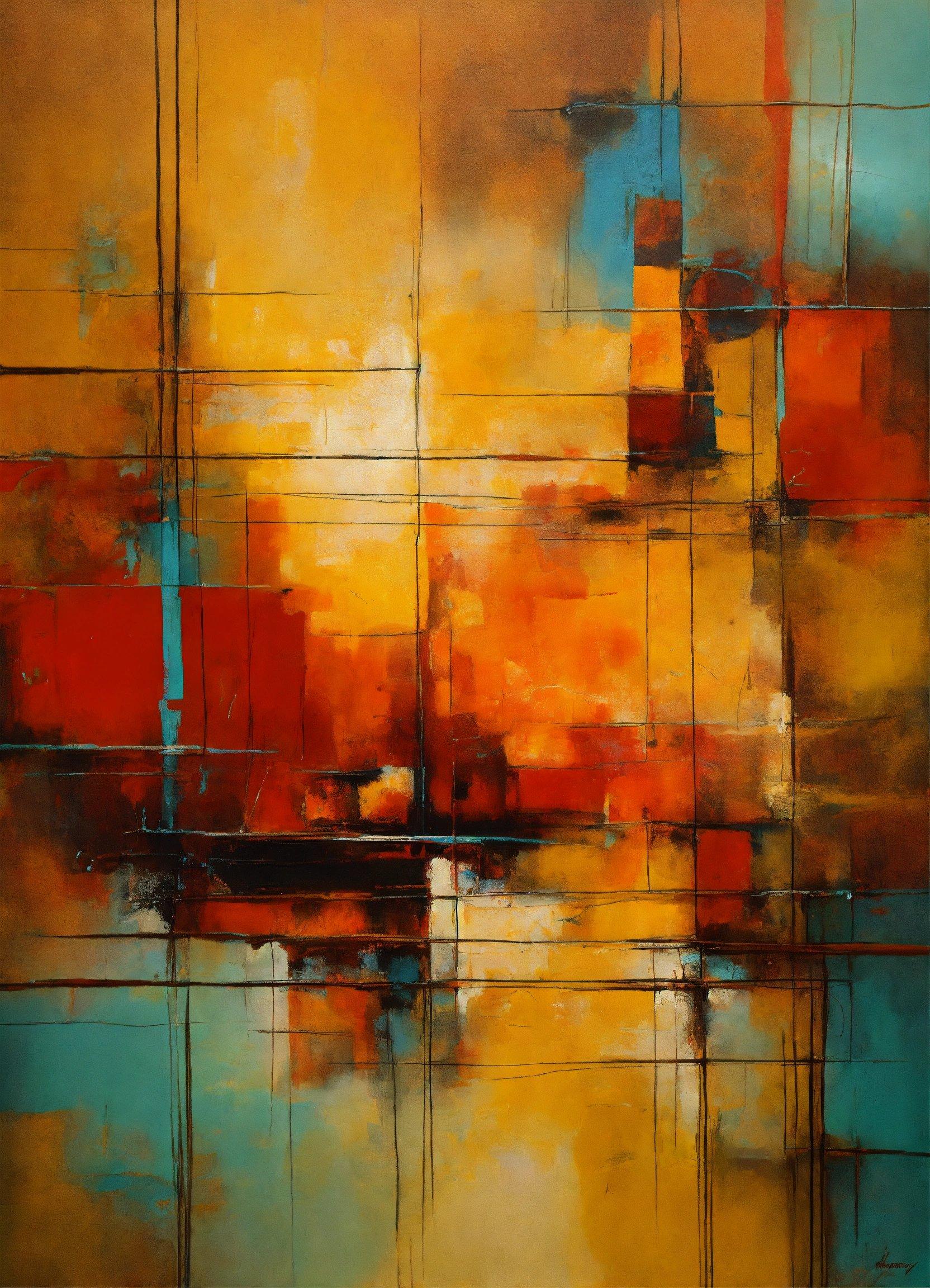 An Abstract Painting Of Orange And Yellow Squares