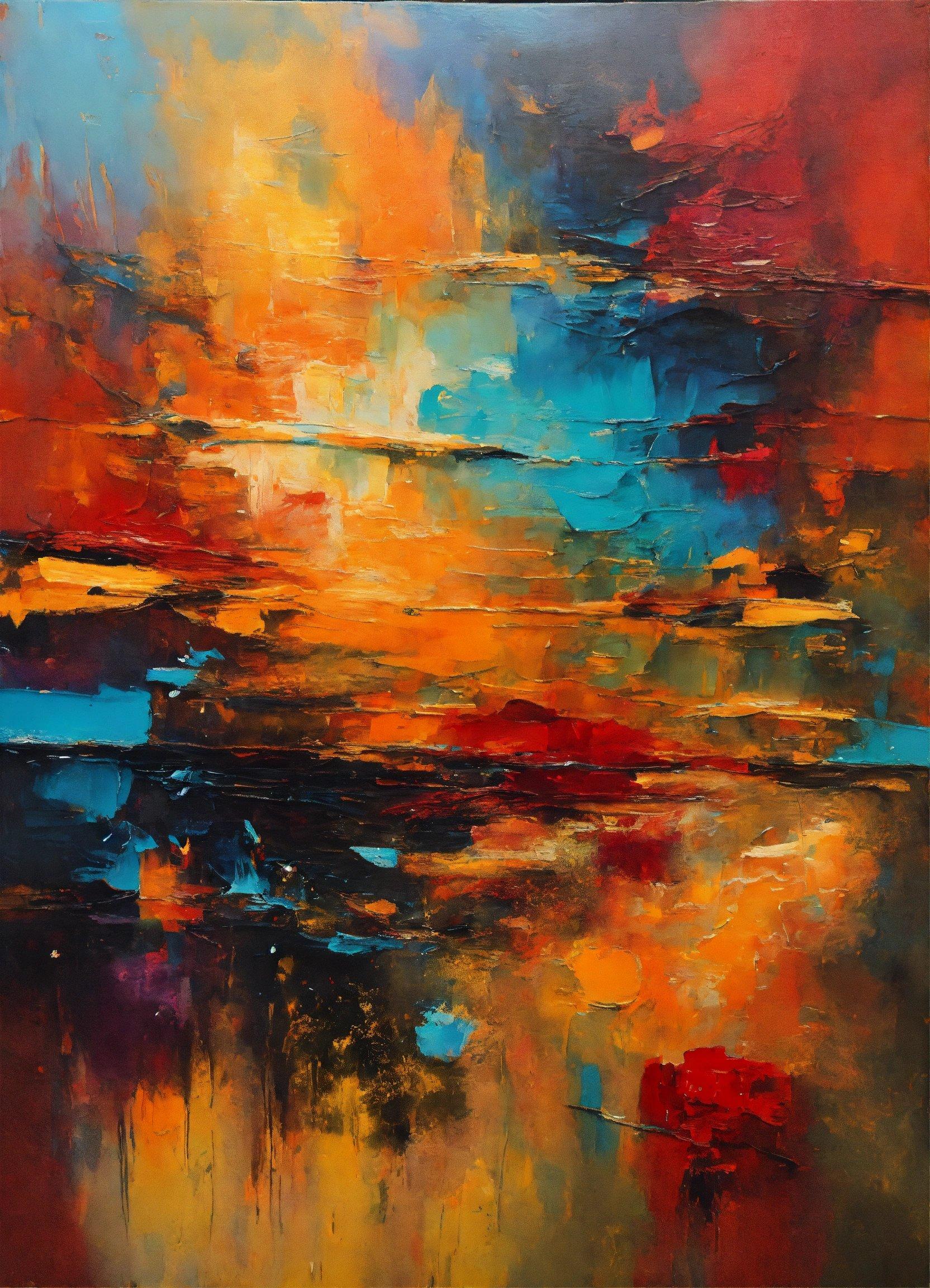 An Abstract Painting Of Orange, Blue, And Yellow Colors