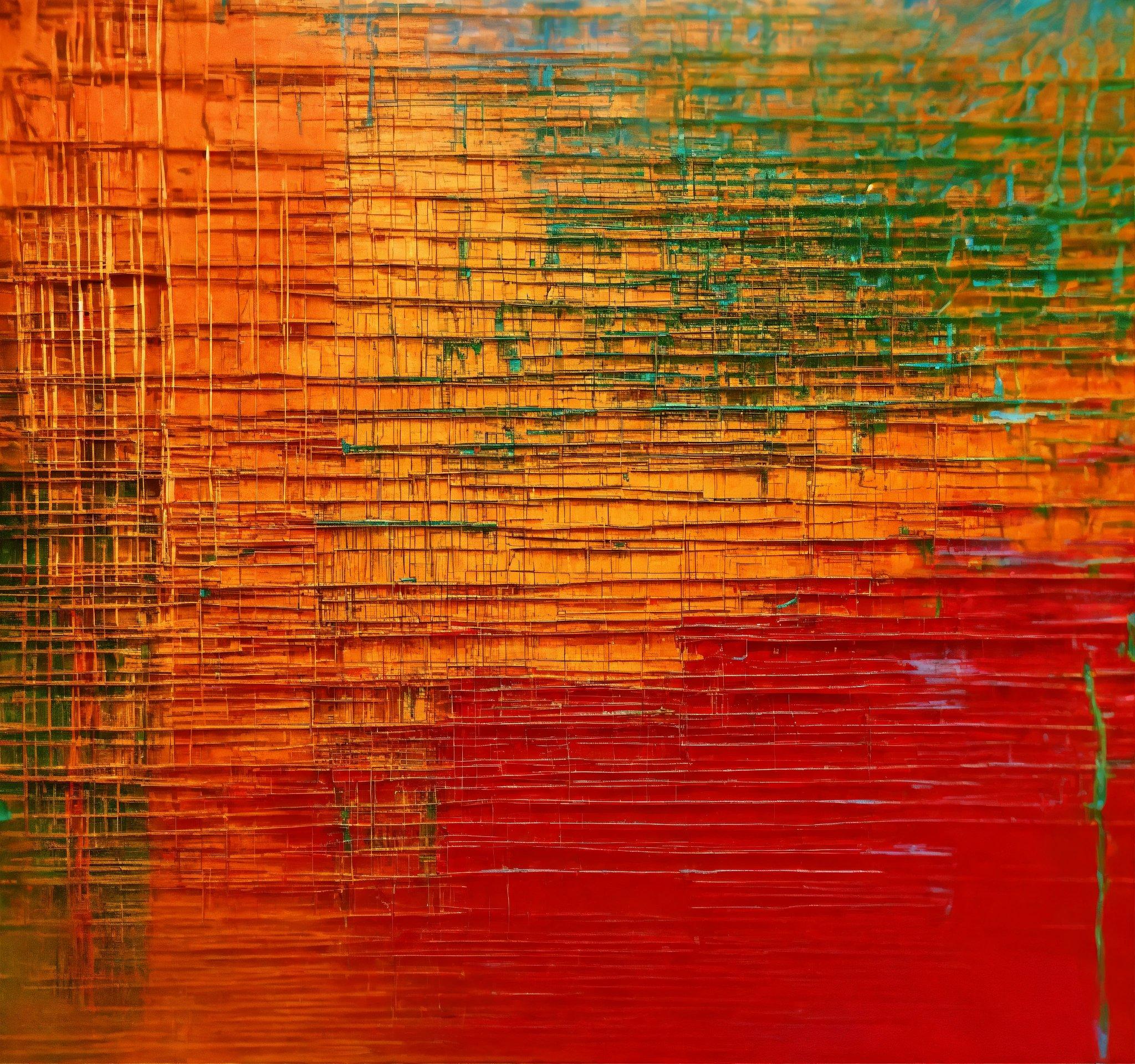 An Abstract Painting Of Orange, Red, And Green Colors