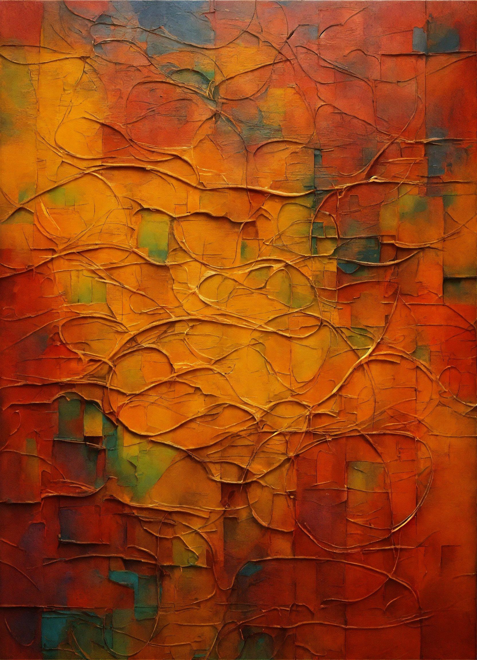 An Abstract Painting Of Orange, Yellow, And Green Colors