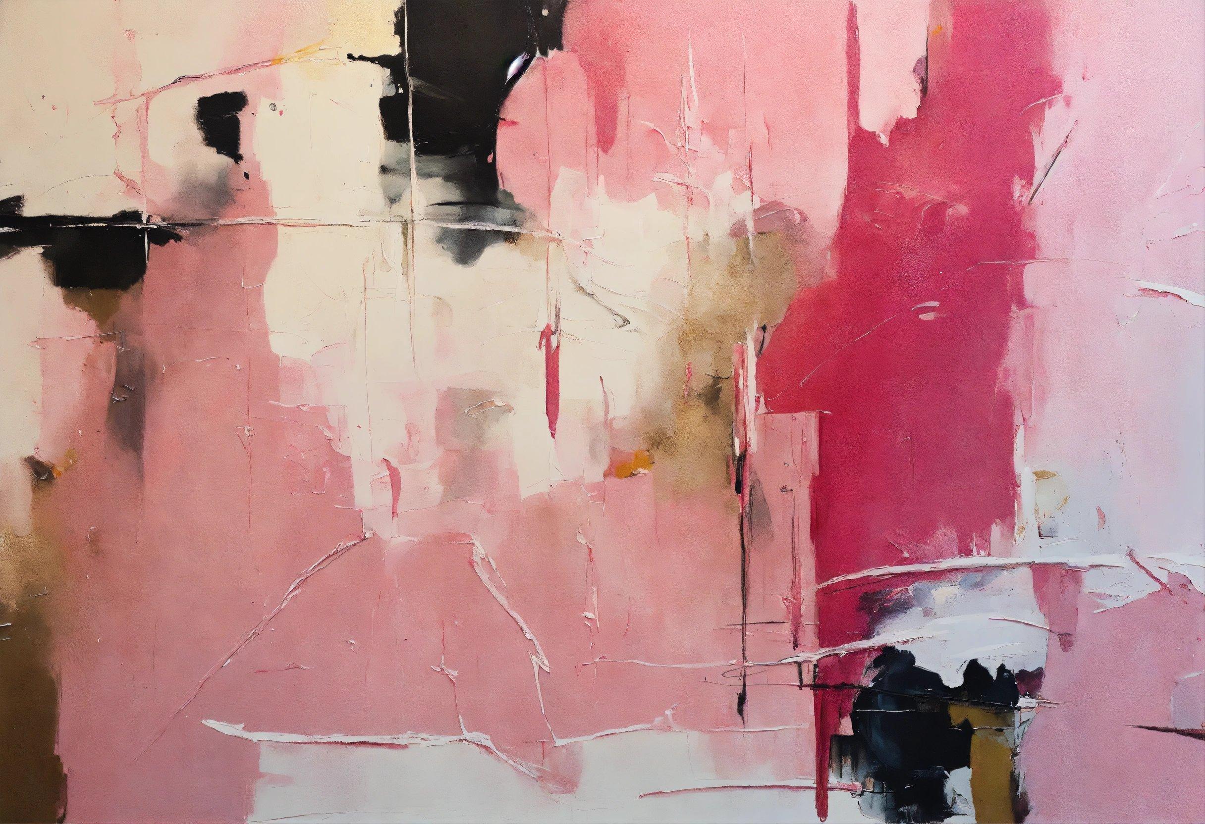 An Abstract Painting Of Pink, Black, And White