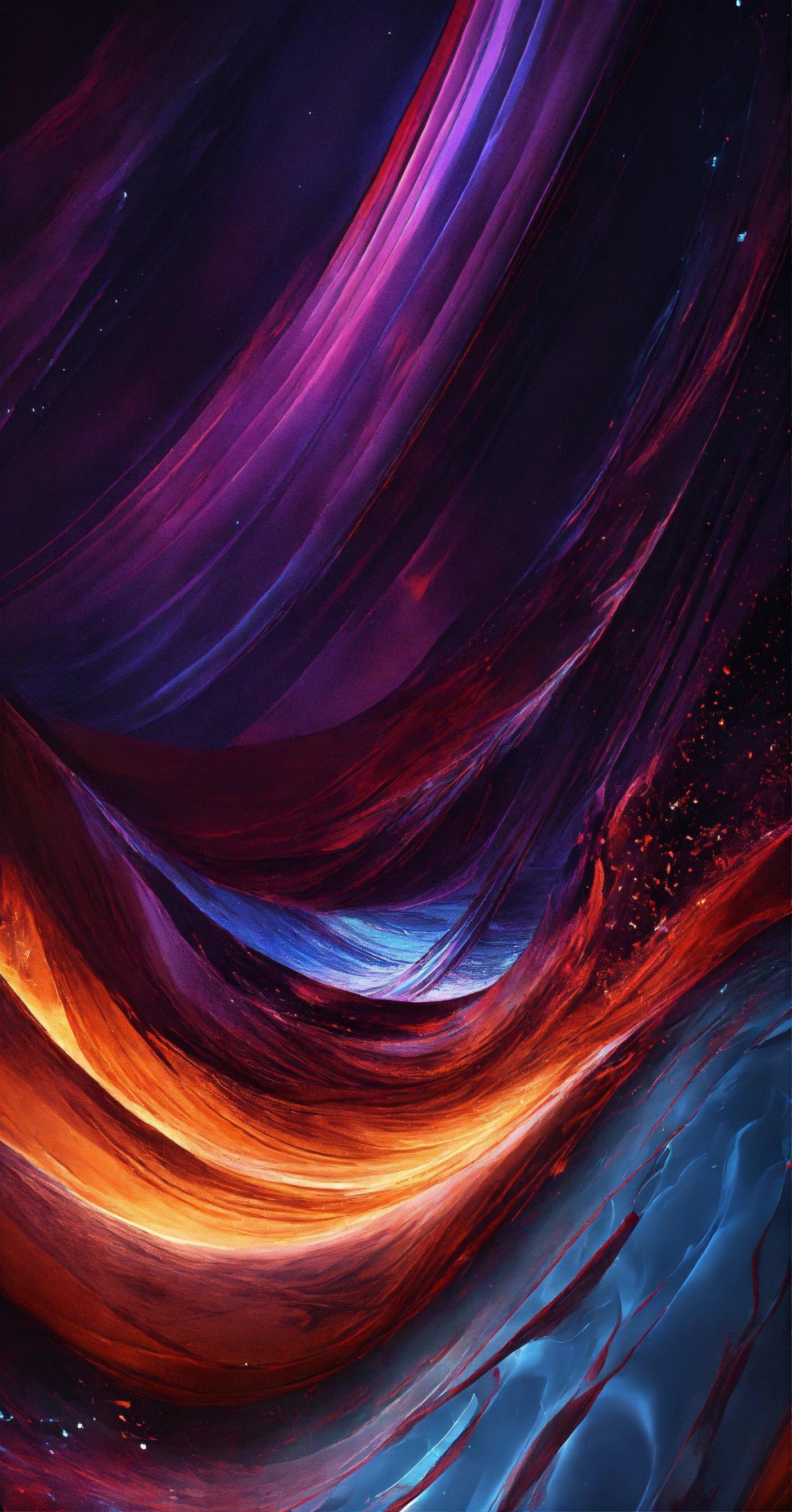 An Abstract Painting Of Purple, Orange And Blue Waves