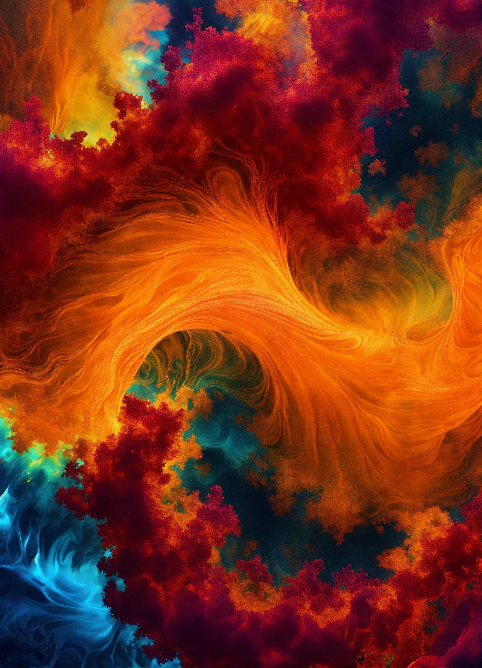 An Abstract Painting Of Red, Orange, And Blue Swirls