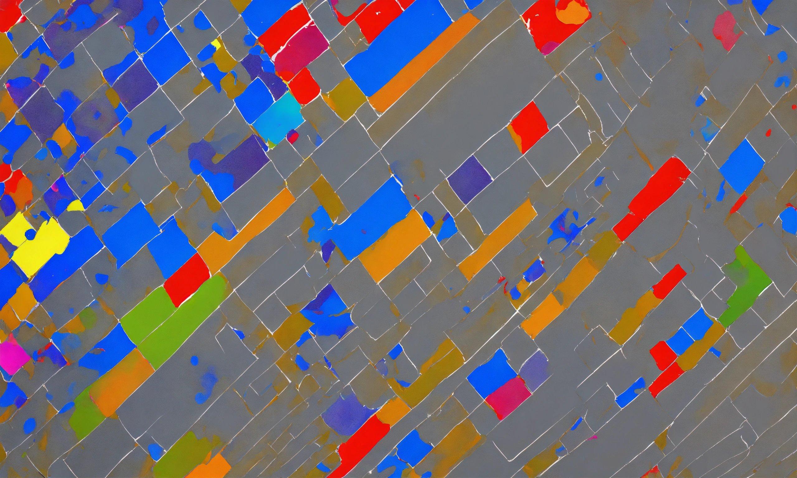 An Abstract Painting Of Squares And Rectangles On A Gray Background