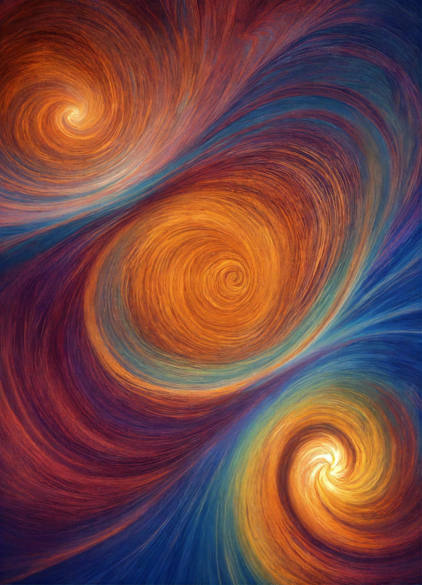 An Abstract Painting Of Two Spirals In Blue, Orange And Yellow