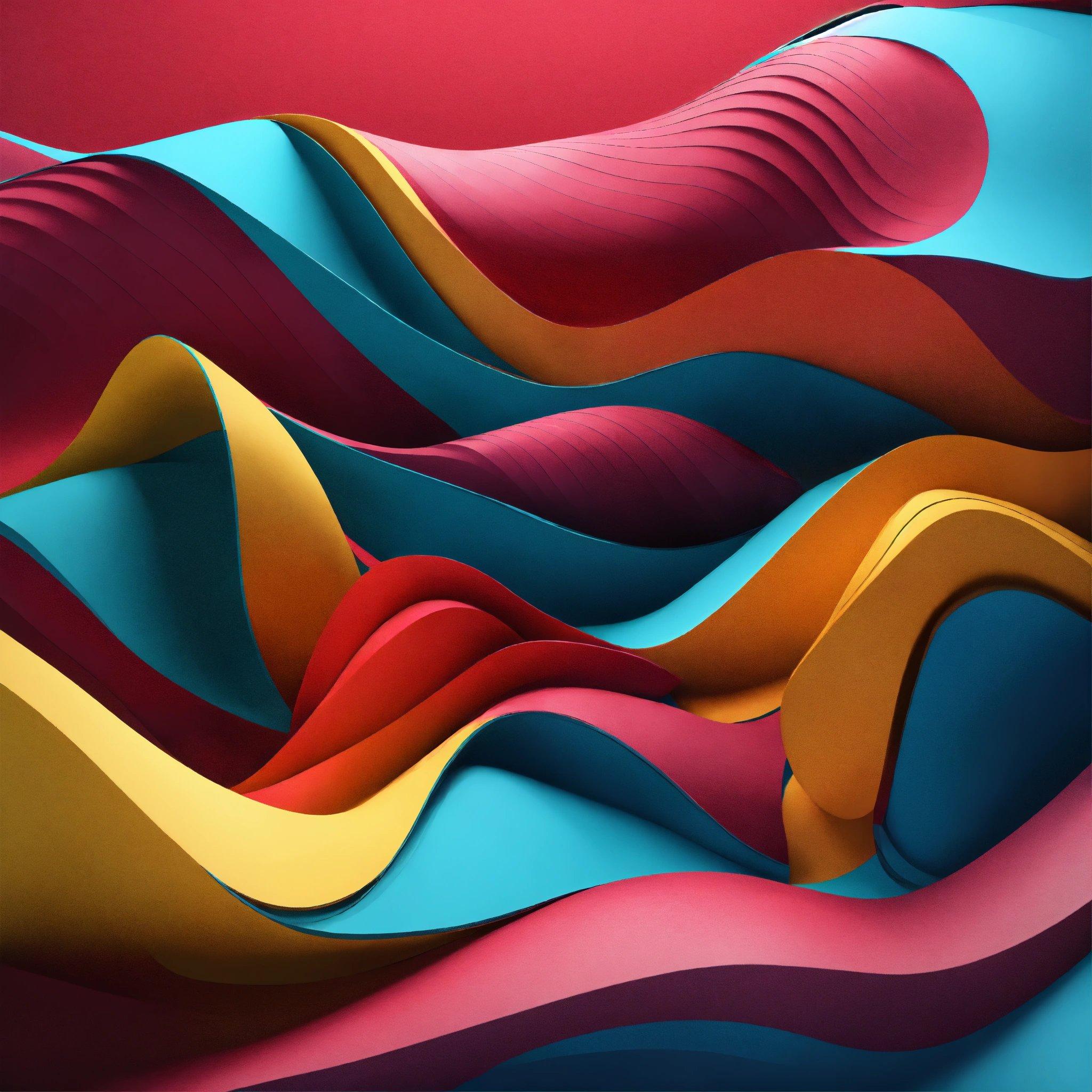 An Abstract Painting Of Wavy Shapes In Red, Blue, Yellow, And Pink