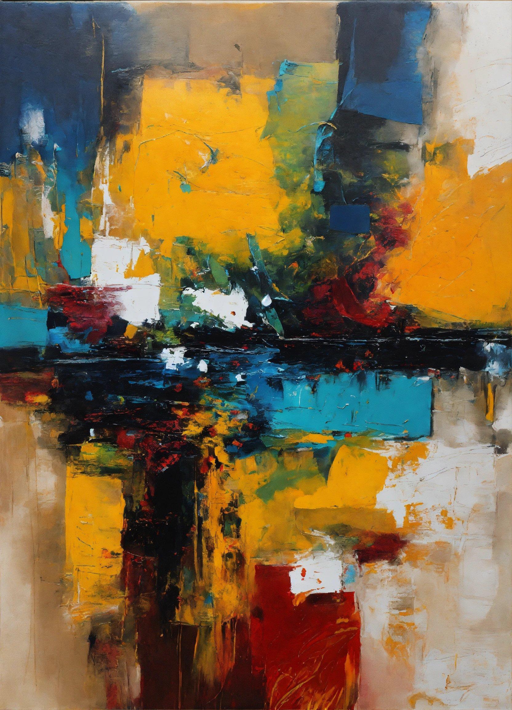 An Abstract Painting Of Yellow, Blue, And Red