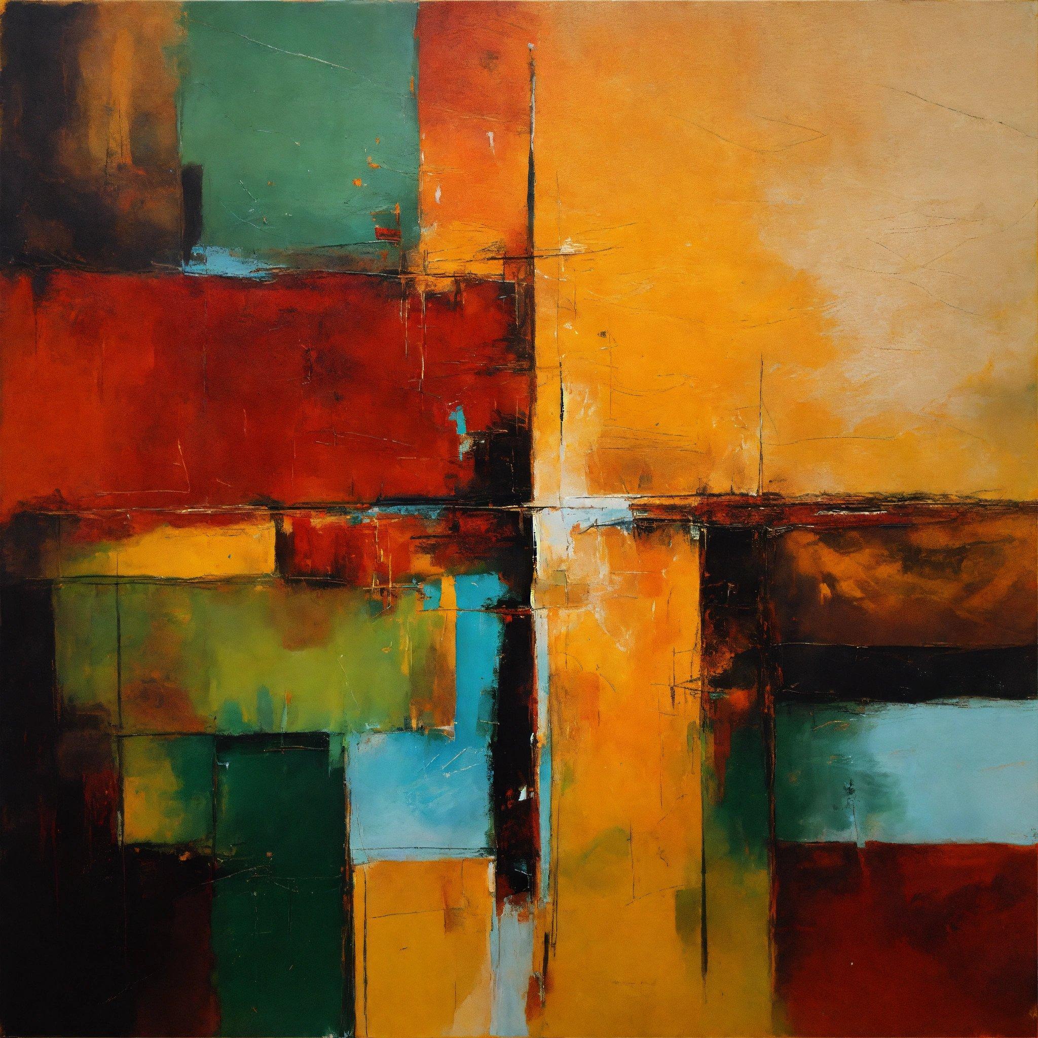 An Abstract Painting Of Yellow, Green, And Red Squares