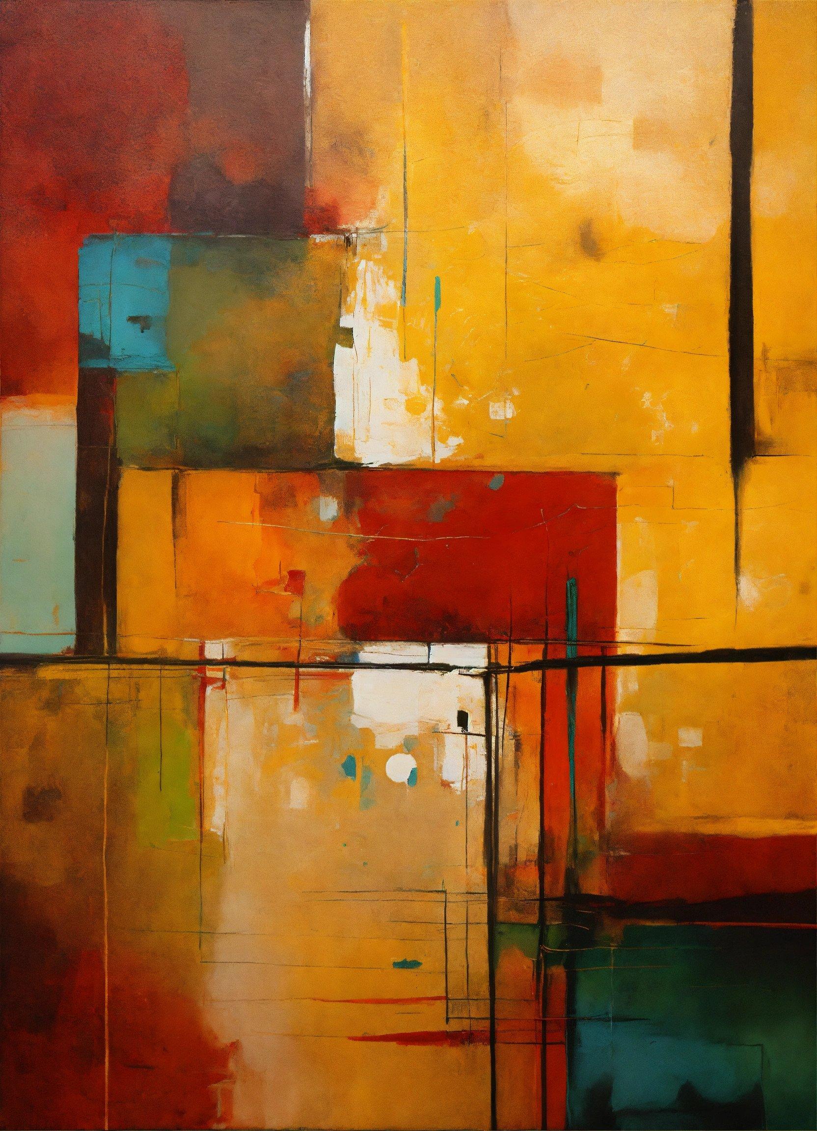 An Abstract Painting Of Yellow, Red, And Green