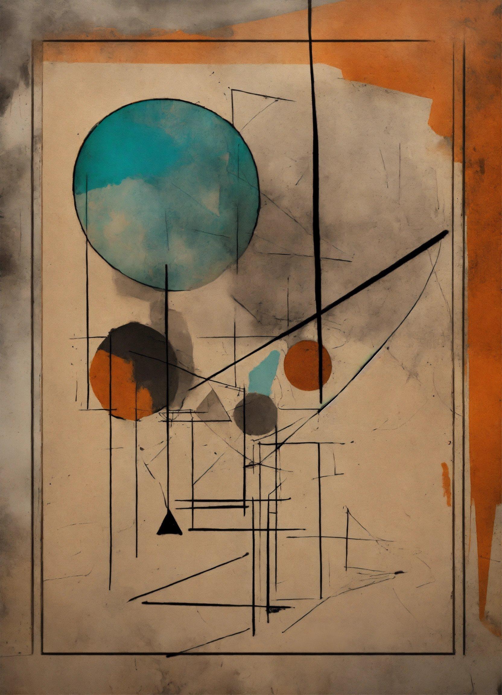 An Abstract Painting With A Blue Circle And Orange Circles