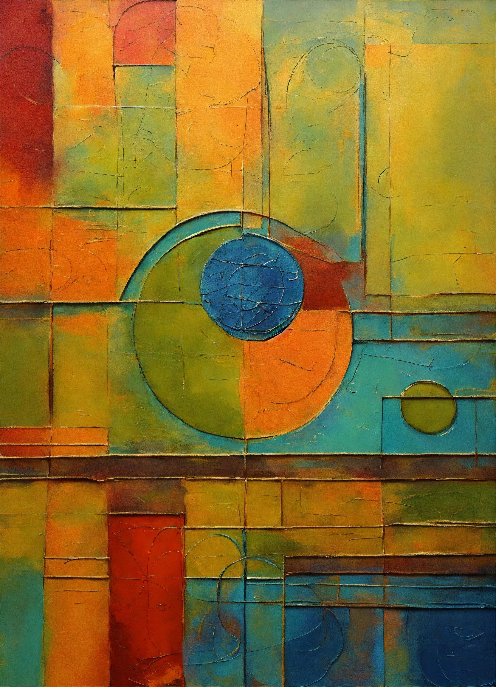 An Abstract Painting With A Blue Circle On It