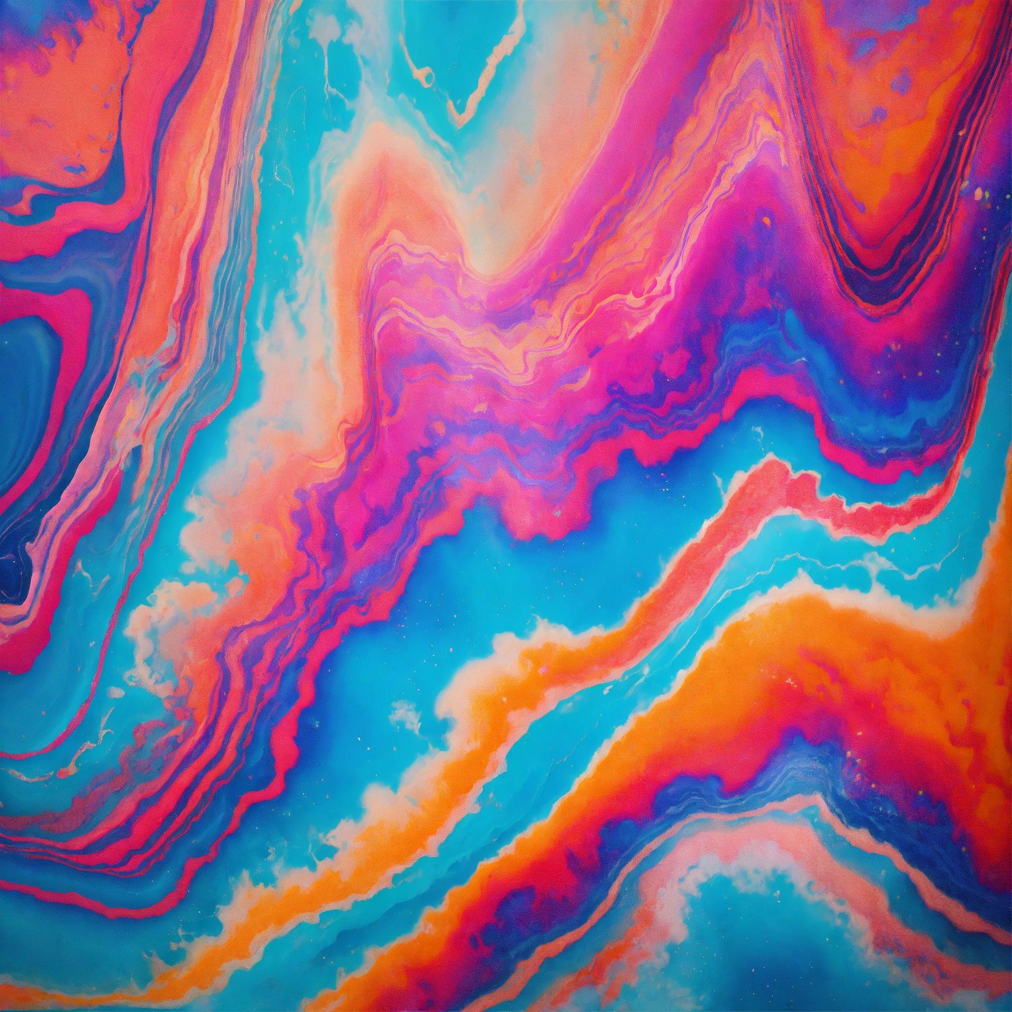 An Abstract Painting With A Blue, Orange, And Pink Swirl