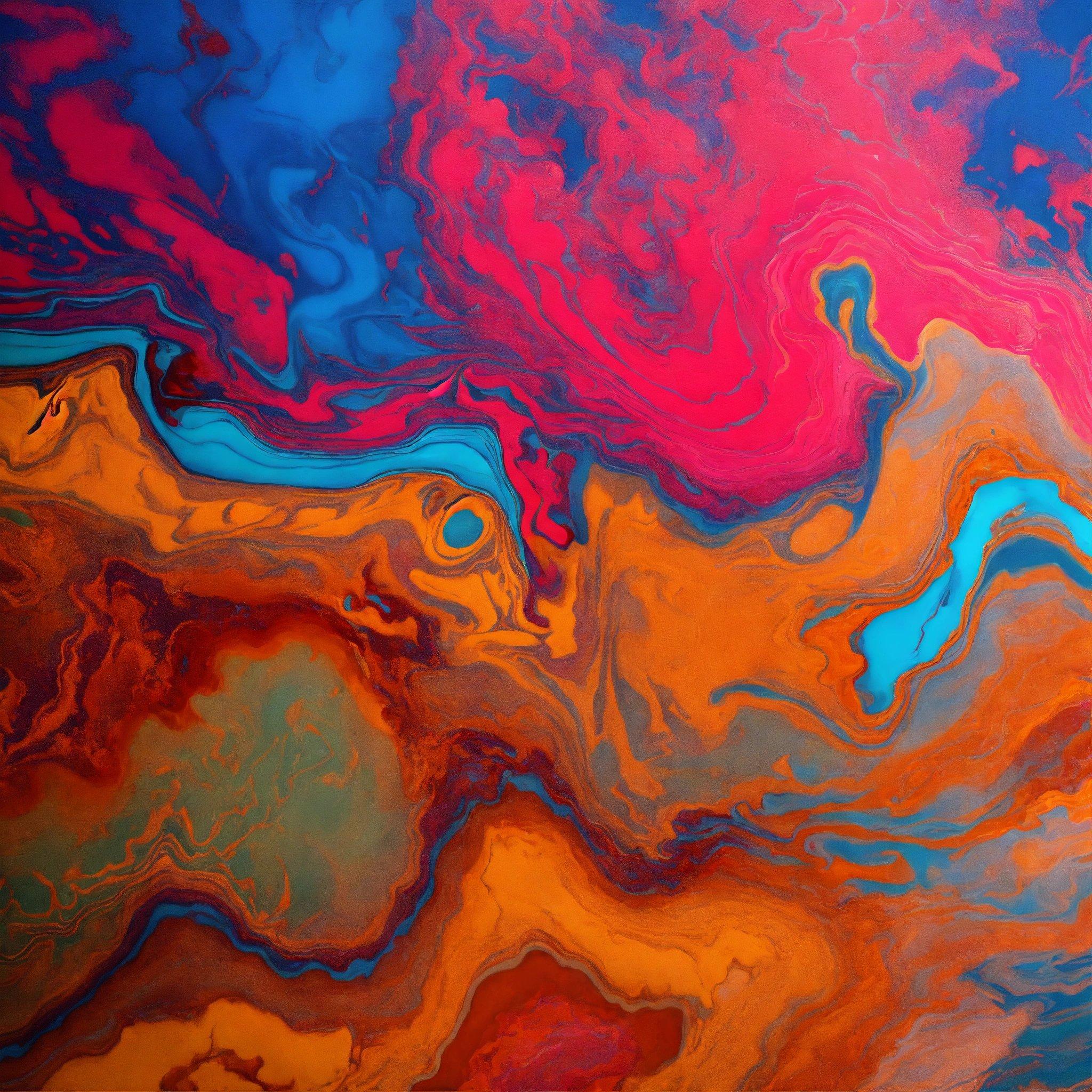 An Abstract Painting With A Blue, Orange, And Red Color Scheme