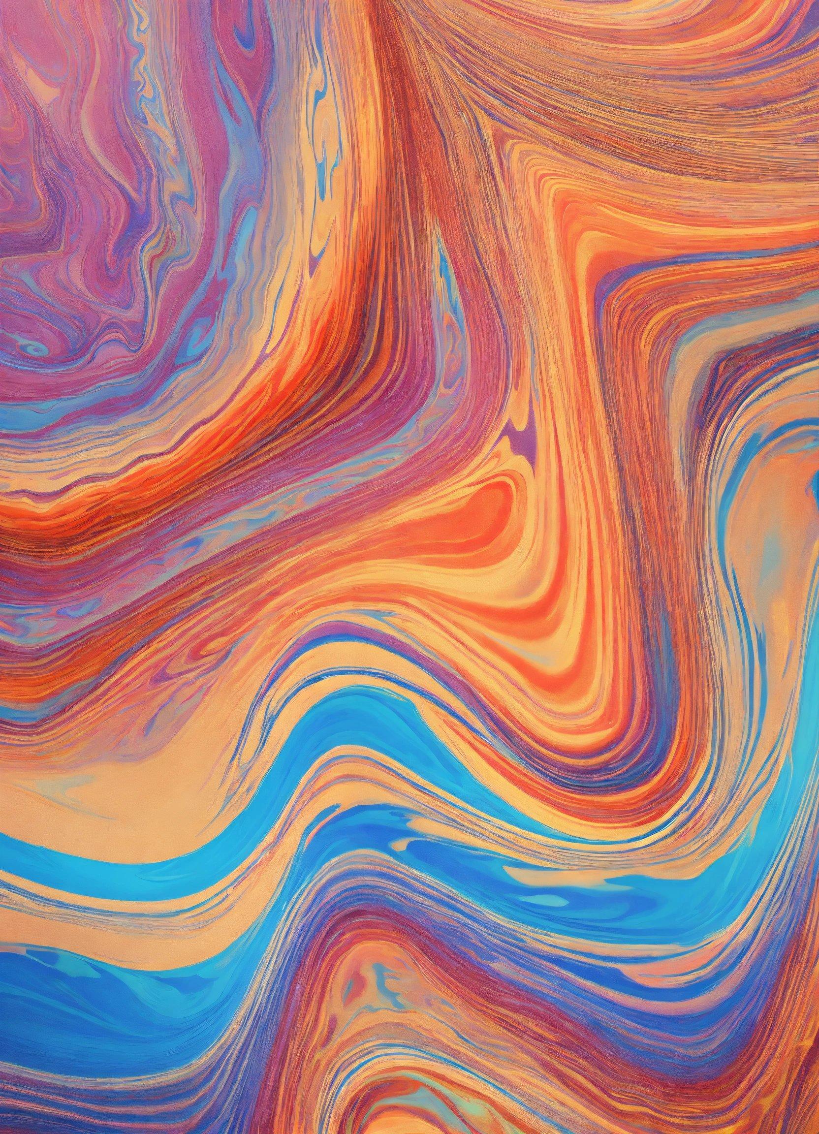 An Abstract Painting With A Blue, Orange, And Red Swirl