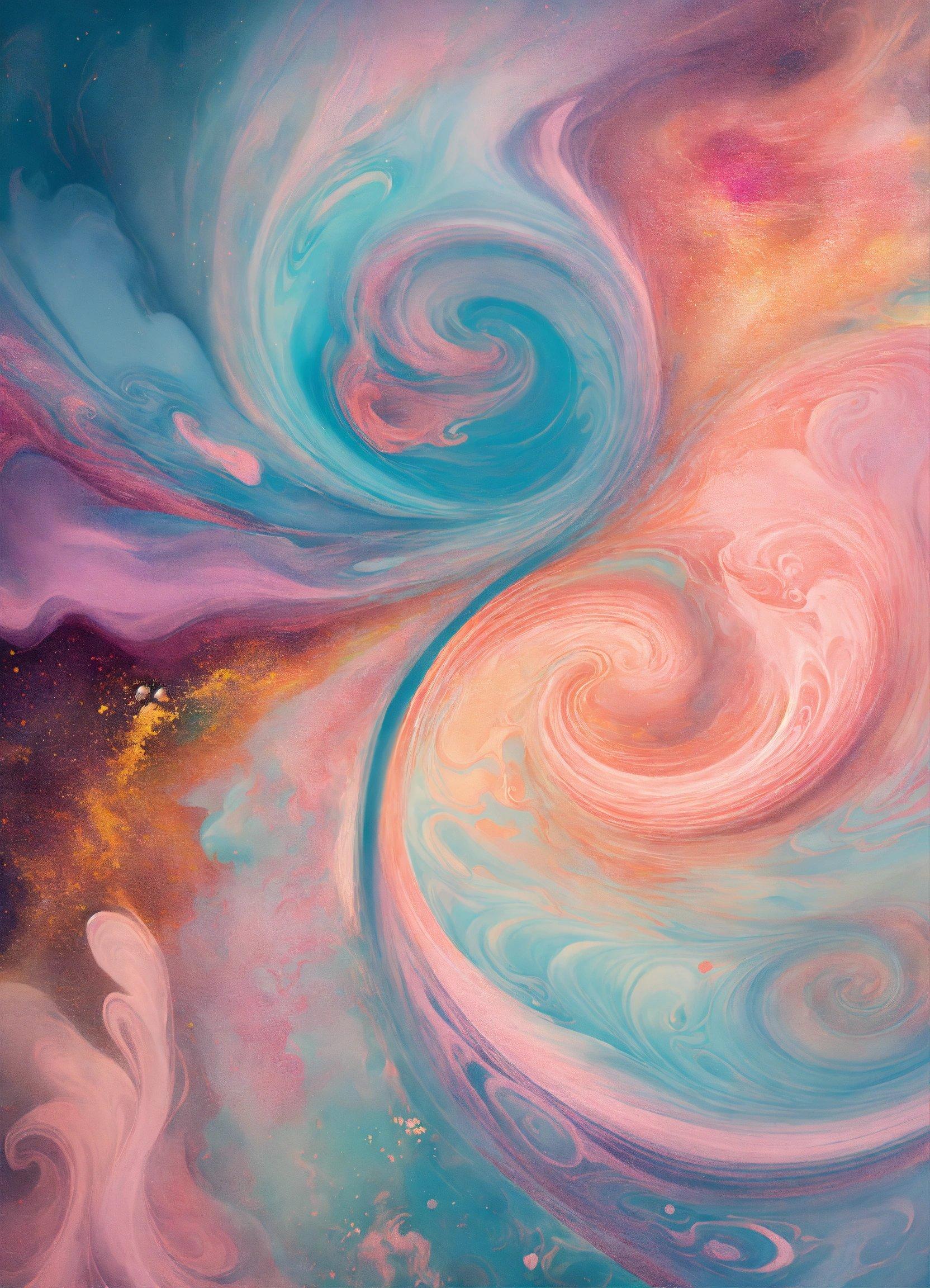 An Abstract Painting With A Blue, Pink, And Yellow Swirl