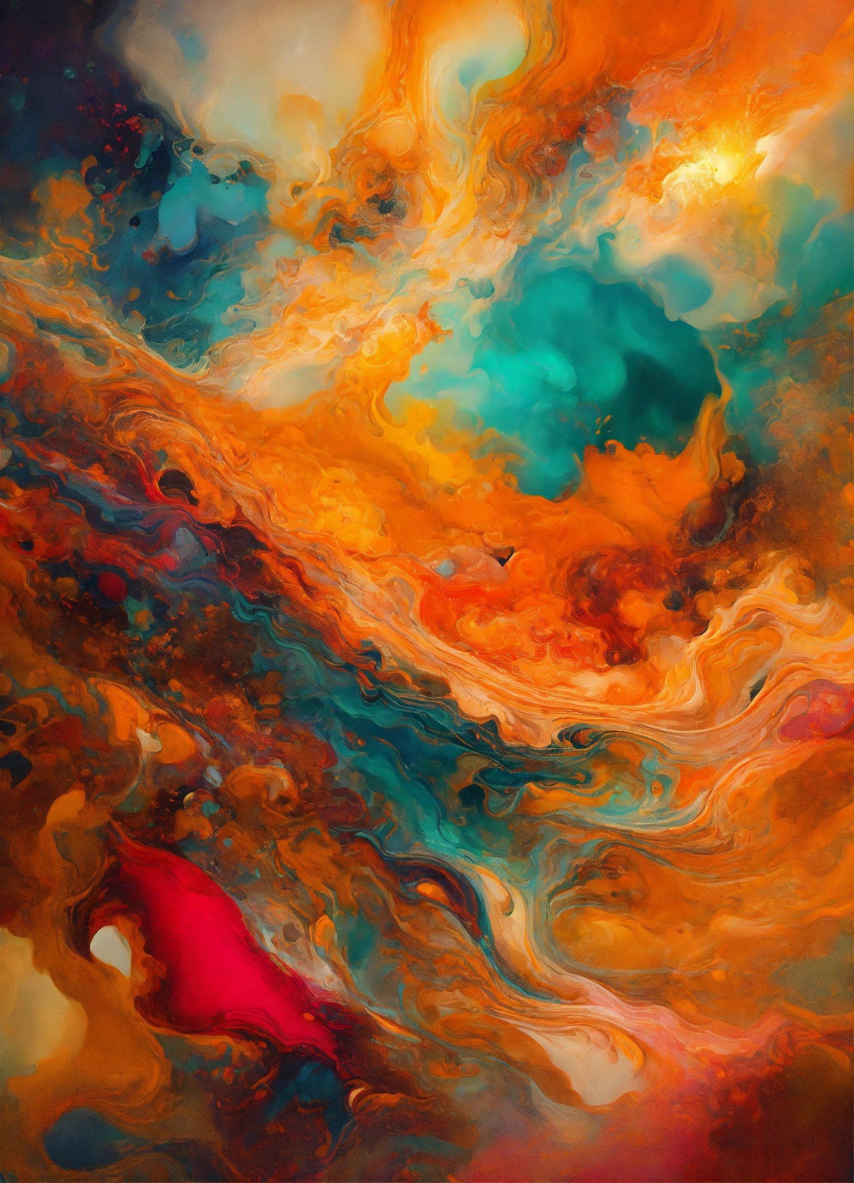 An Abstract Painting With A Red, Orange, And Blue Color Scheme