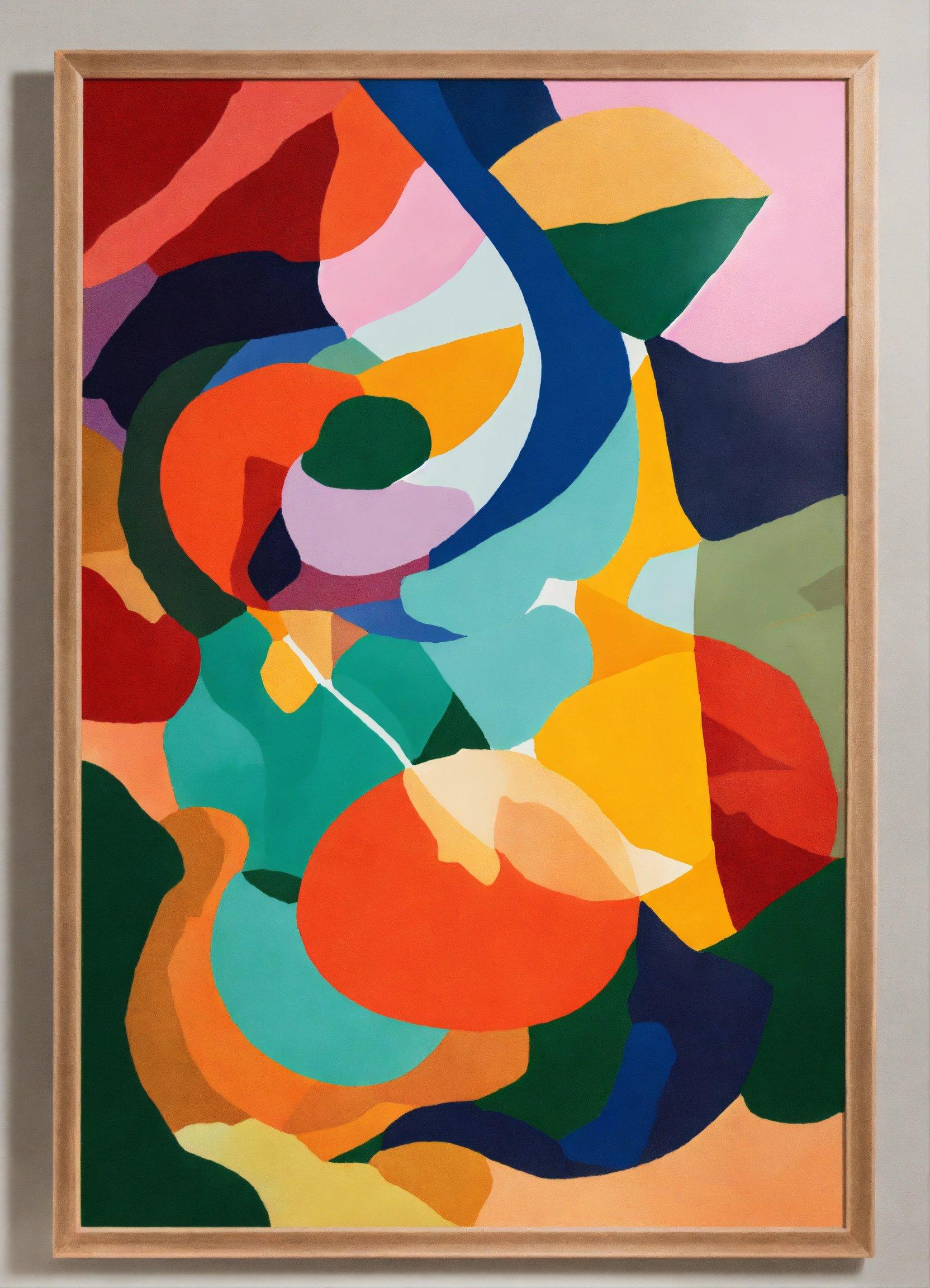 An Abstract Painting With A Wooden Frame Hanging On A Wall