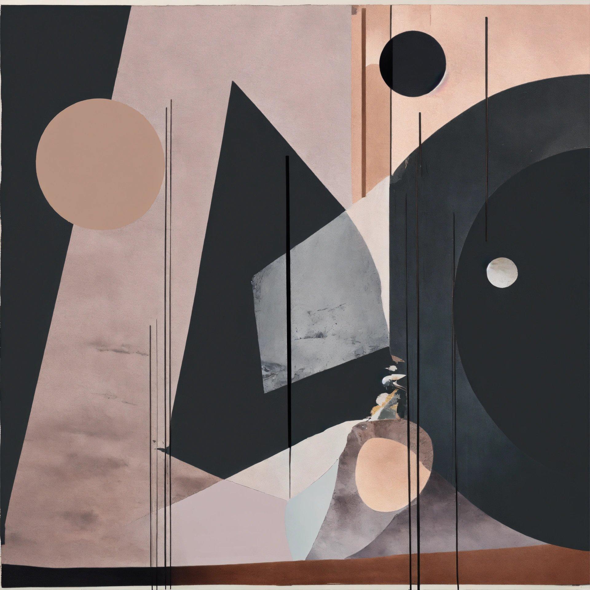 An Abstract Painting With Black, Pink, And Grey Shapes