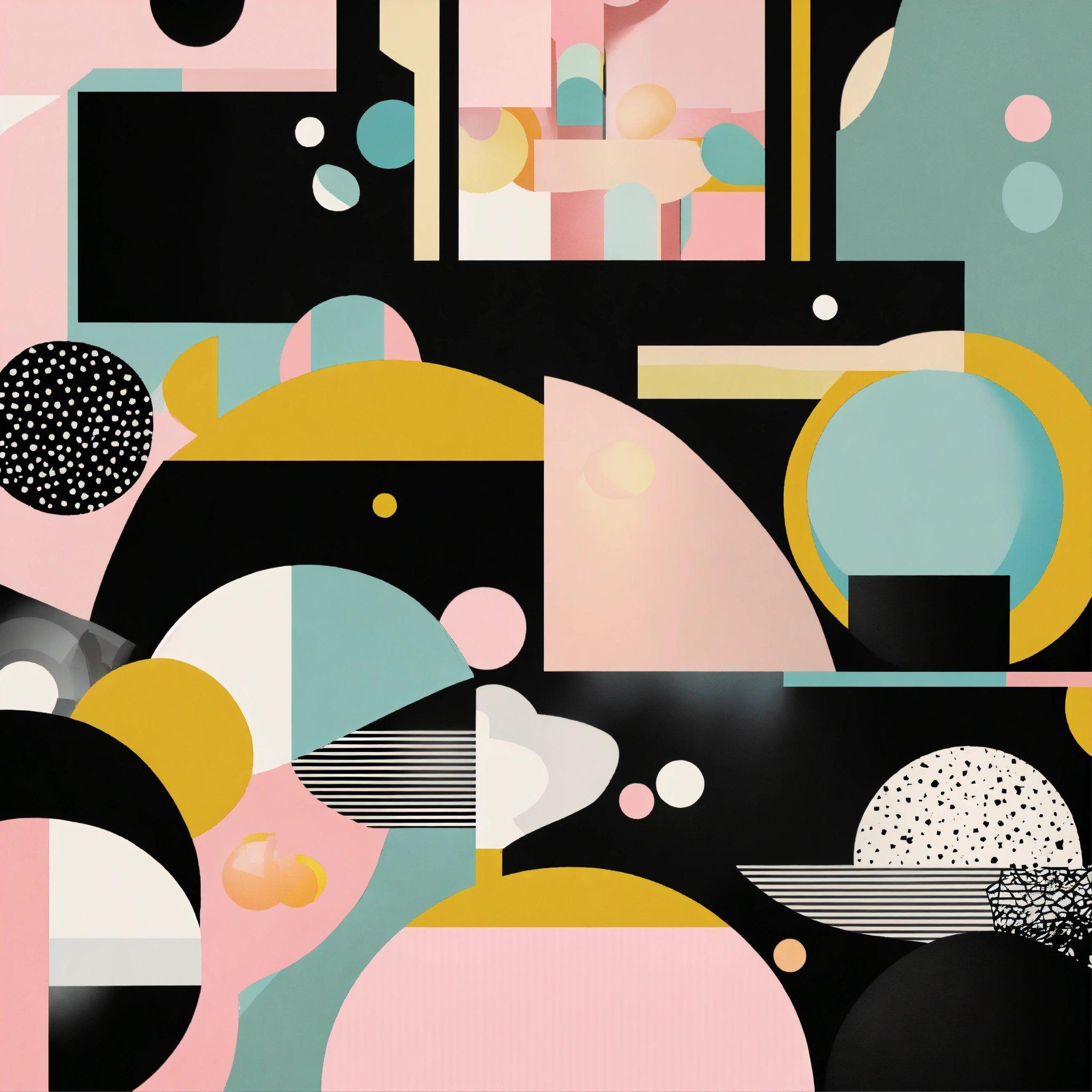 An Abstract Painting With Black, Pink, And Yellow Shapes