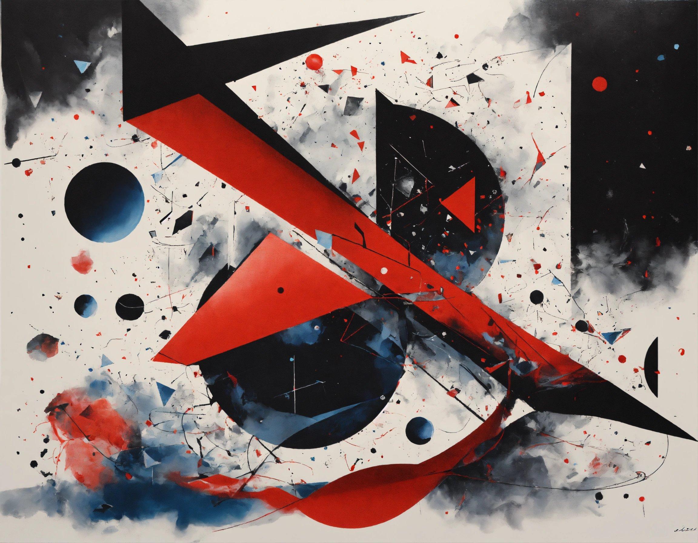 An Abstract Painting With Black, Red, And Blue Shapes