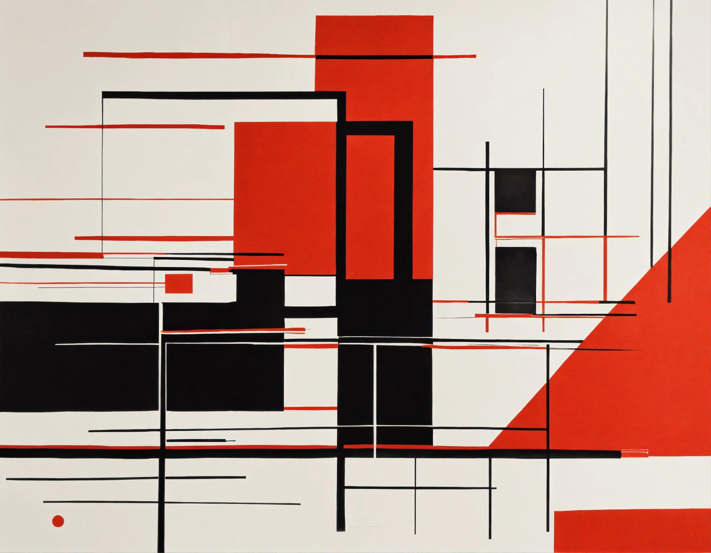 An Abstract Painting With Black, Red, And White Lines