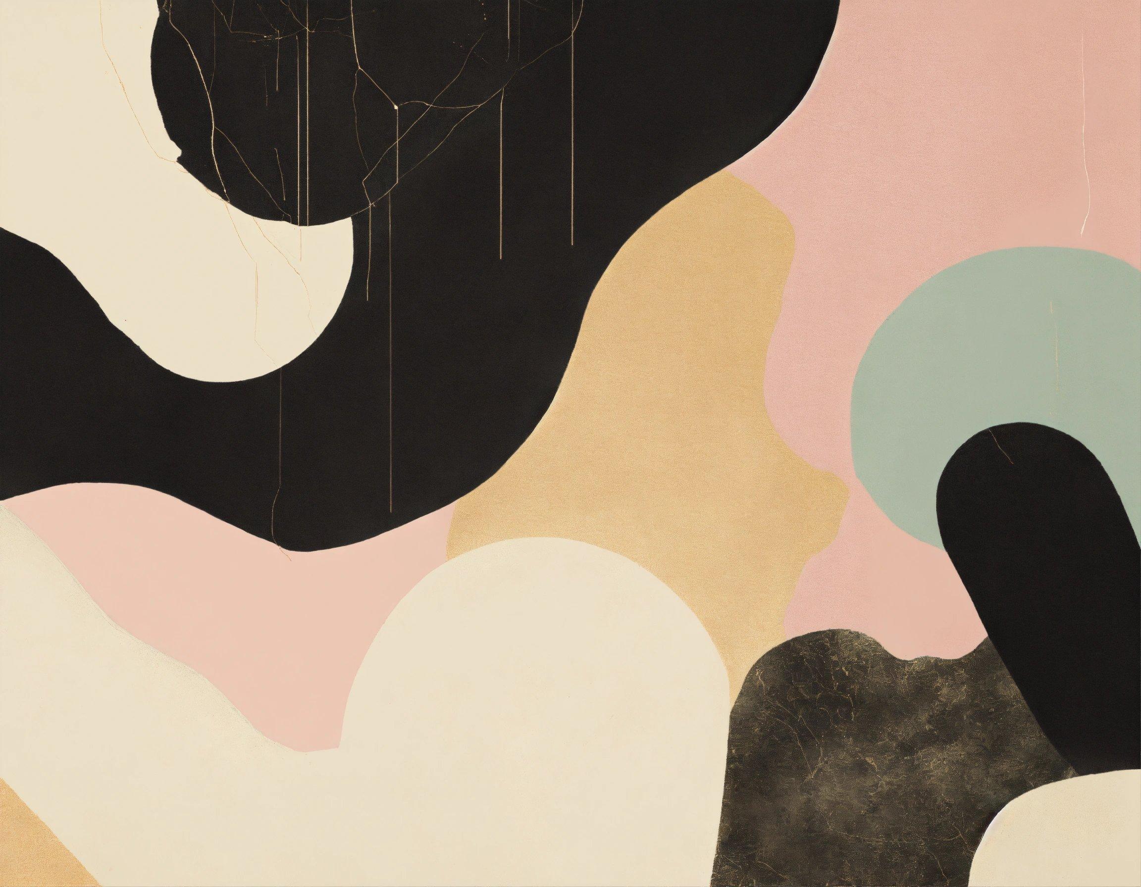 An Abstract Painting With Black, White, And Pink Shapes