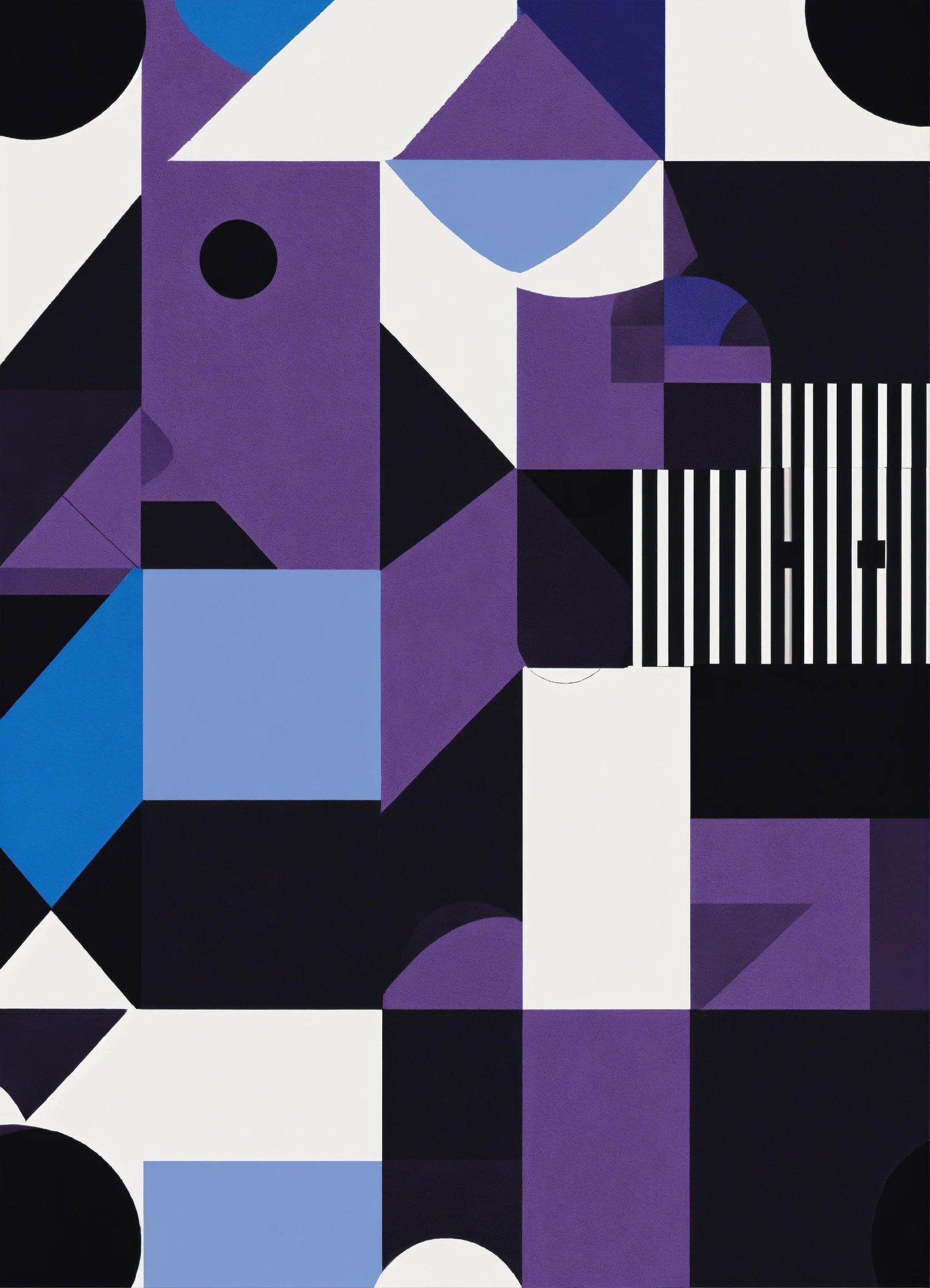 An Abstract Painting With Blue, Black, And White Shapes