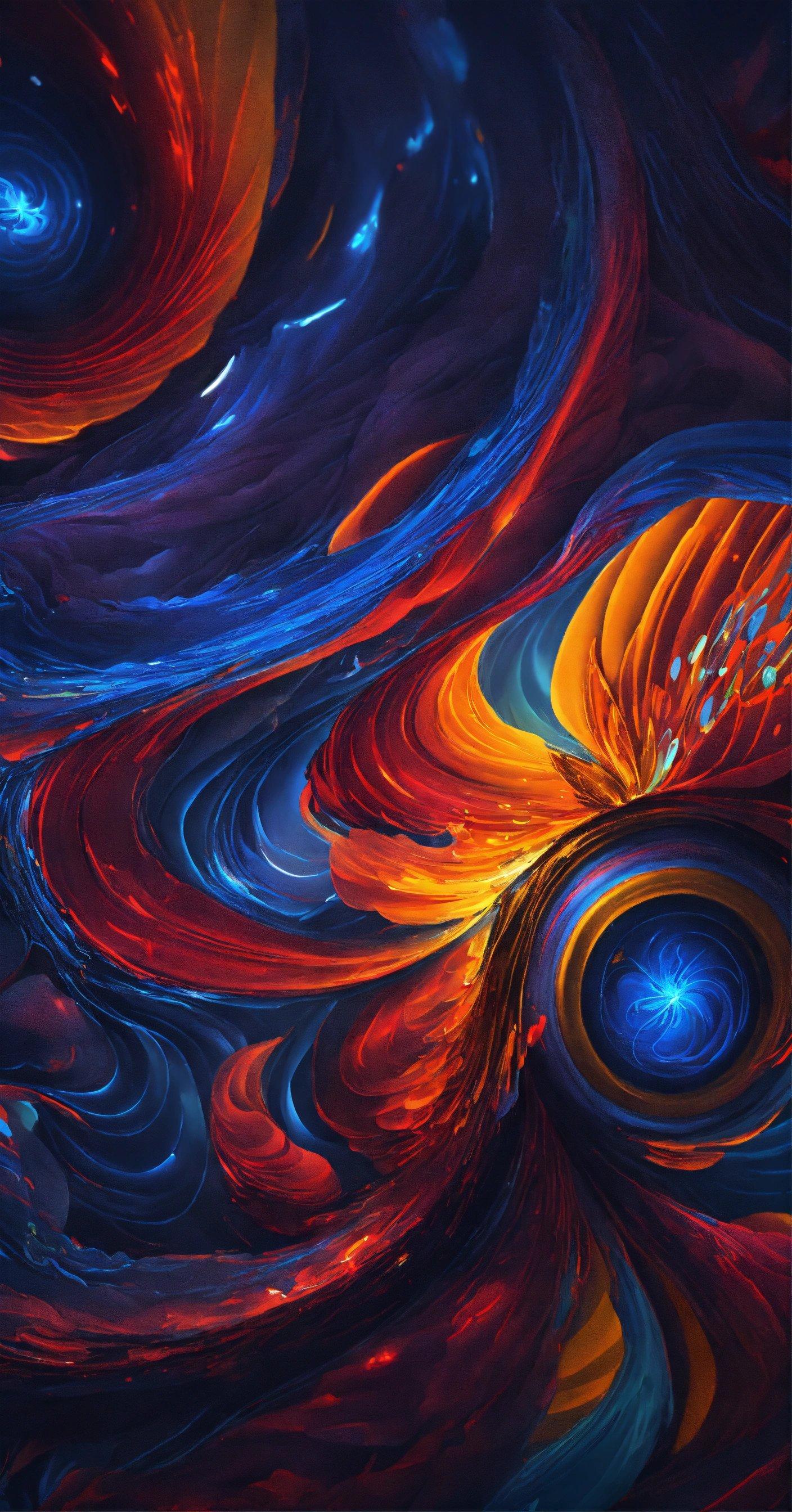 An Abstract Painting With Blue, Orange, And Red Swirls