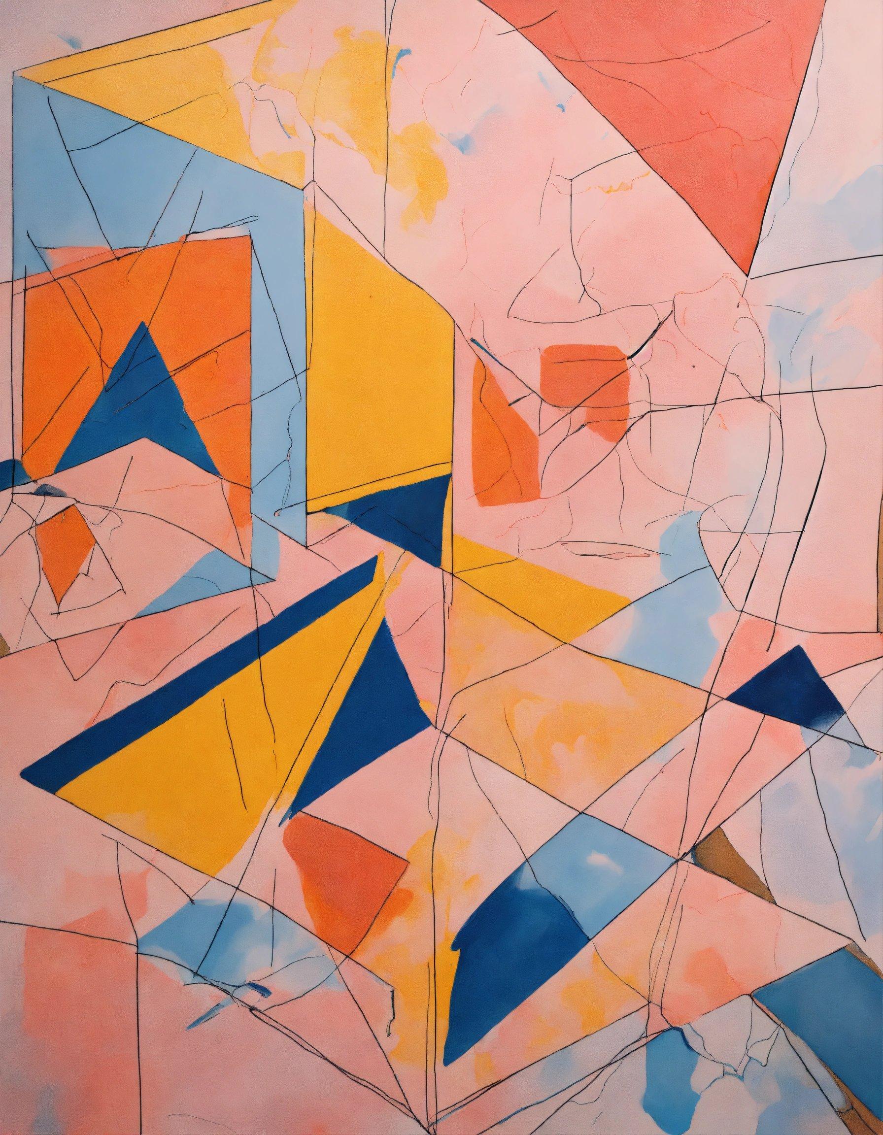 An Abstract Painting With Blue, Orange, And Yellow Shapes