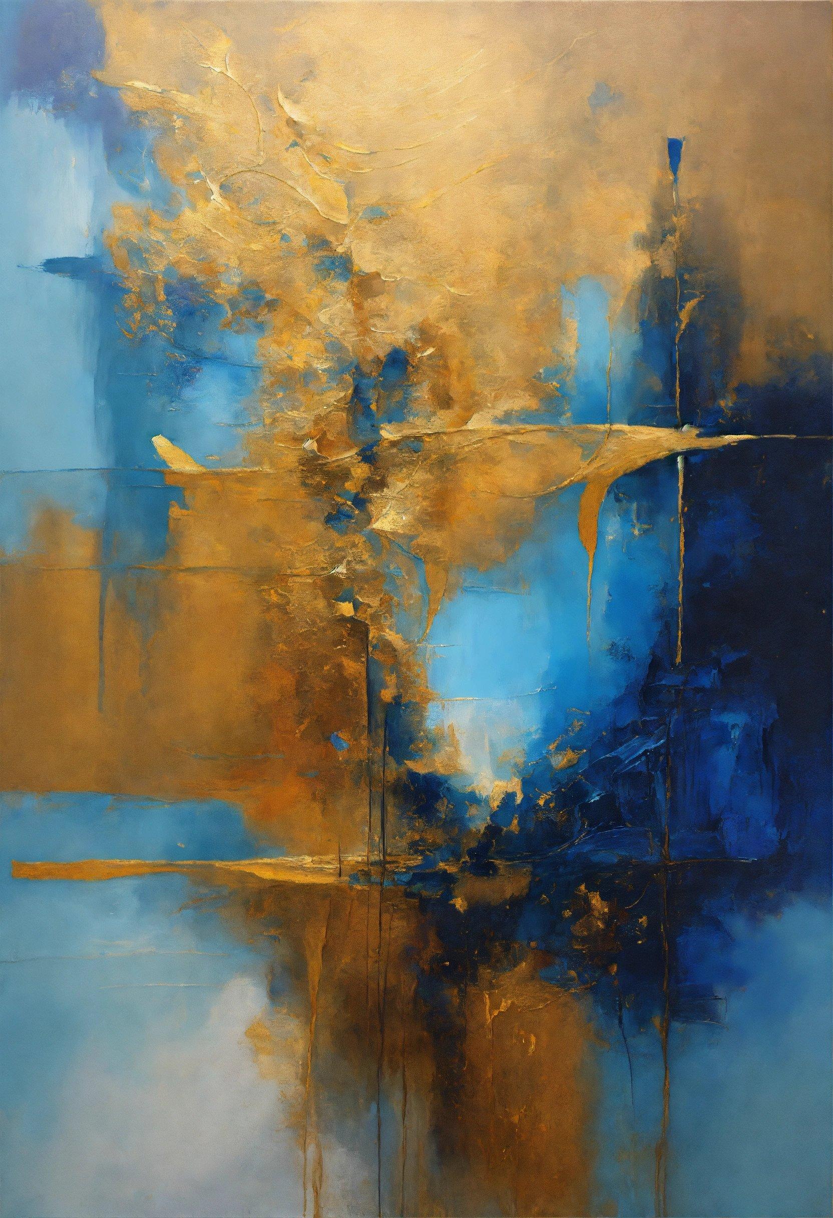 An Abstract Painting With Blue, Yellow And Brown Colors