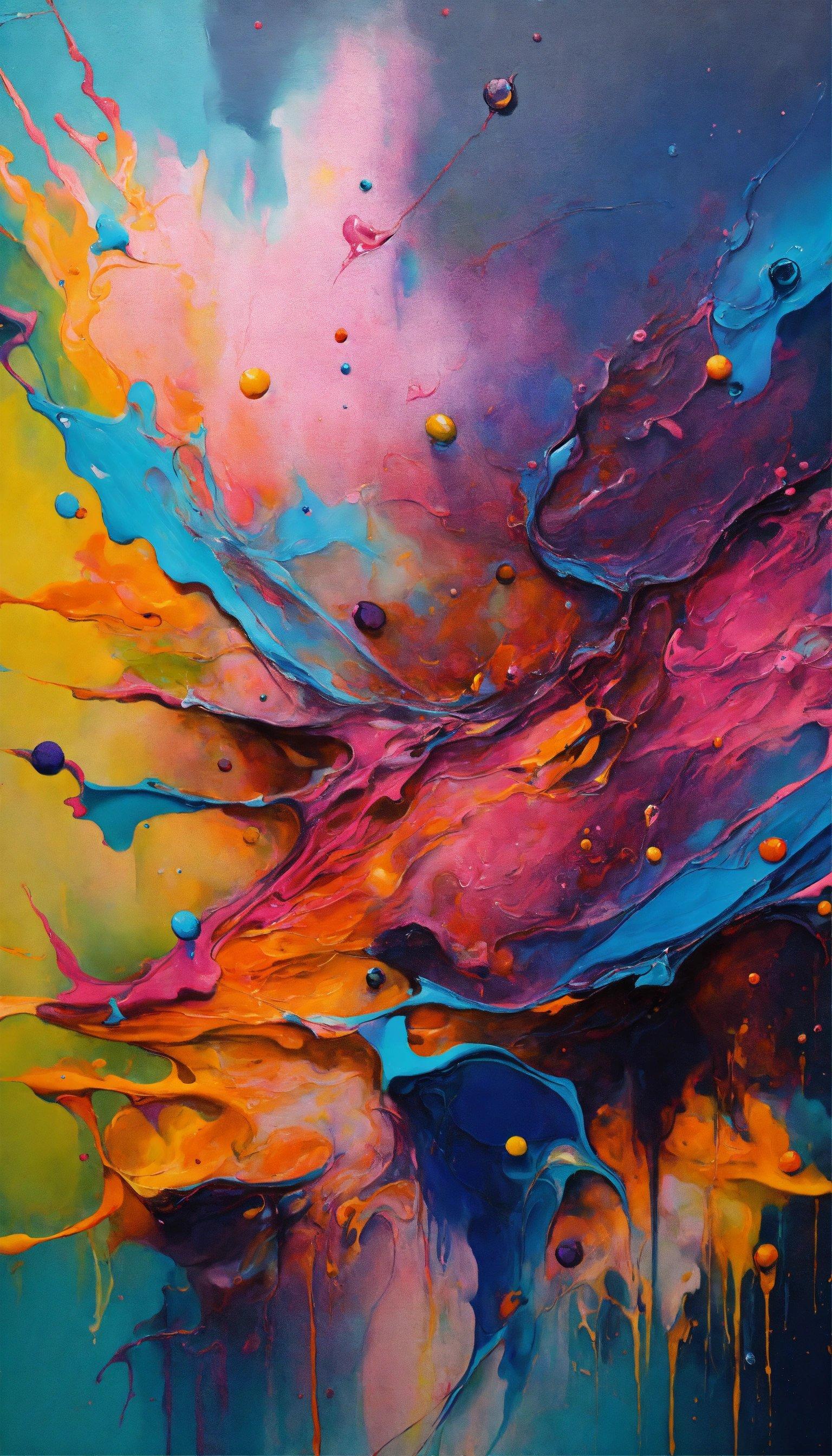 An Abstract Painting With Blue, Yellow, And Pink Colors