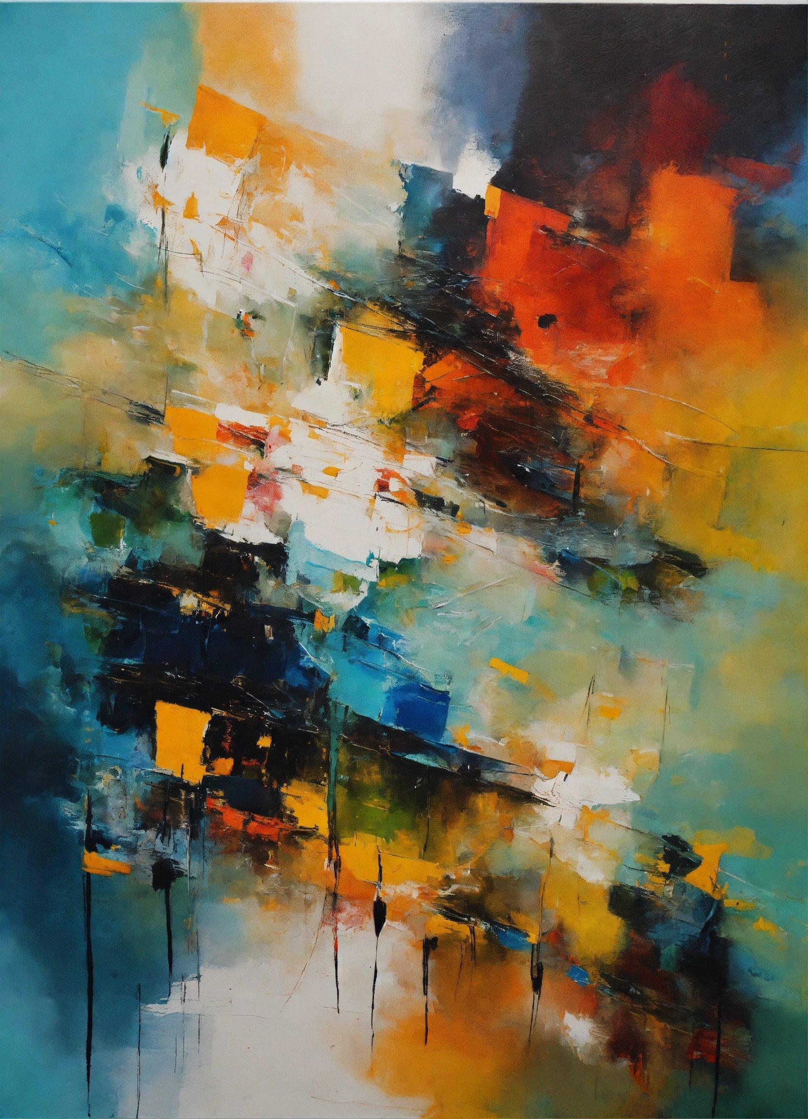 An Abstract Painting With Blue, Yellow, And Red Colors